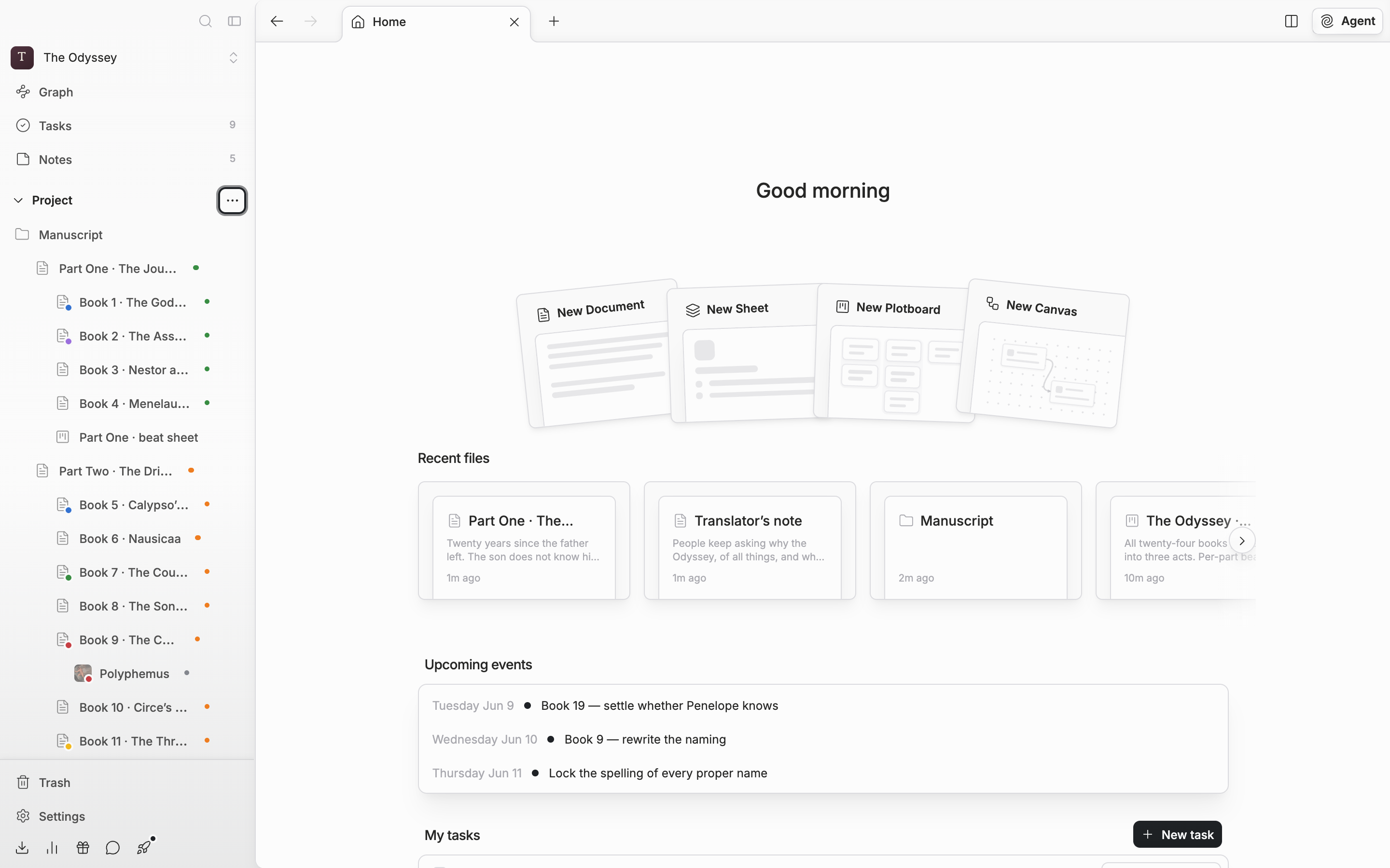 The upper part of the project home screen. One line of greeting and the four cards New Document, New Sheet, New Plotboard, and New Canvas fanned out, with the first cards of the Recent files row visible below them.
