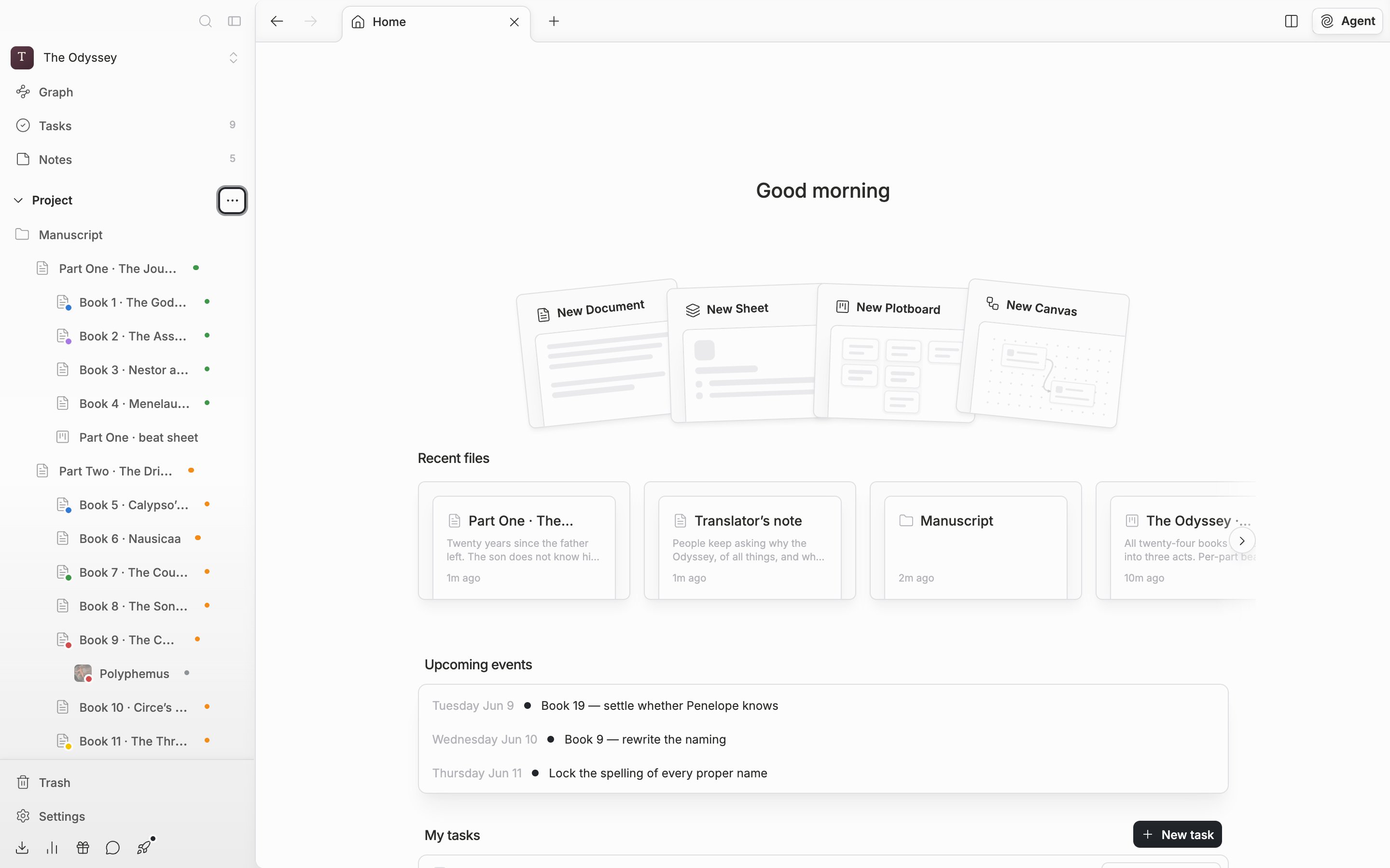 The upper part of the project home screen. One line of greeting and the four cards New Document, New Sheet, New Plotboard, and New Canvas fanned out, with the first cards of the Recent files row visible below them.