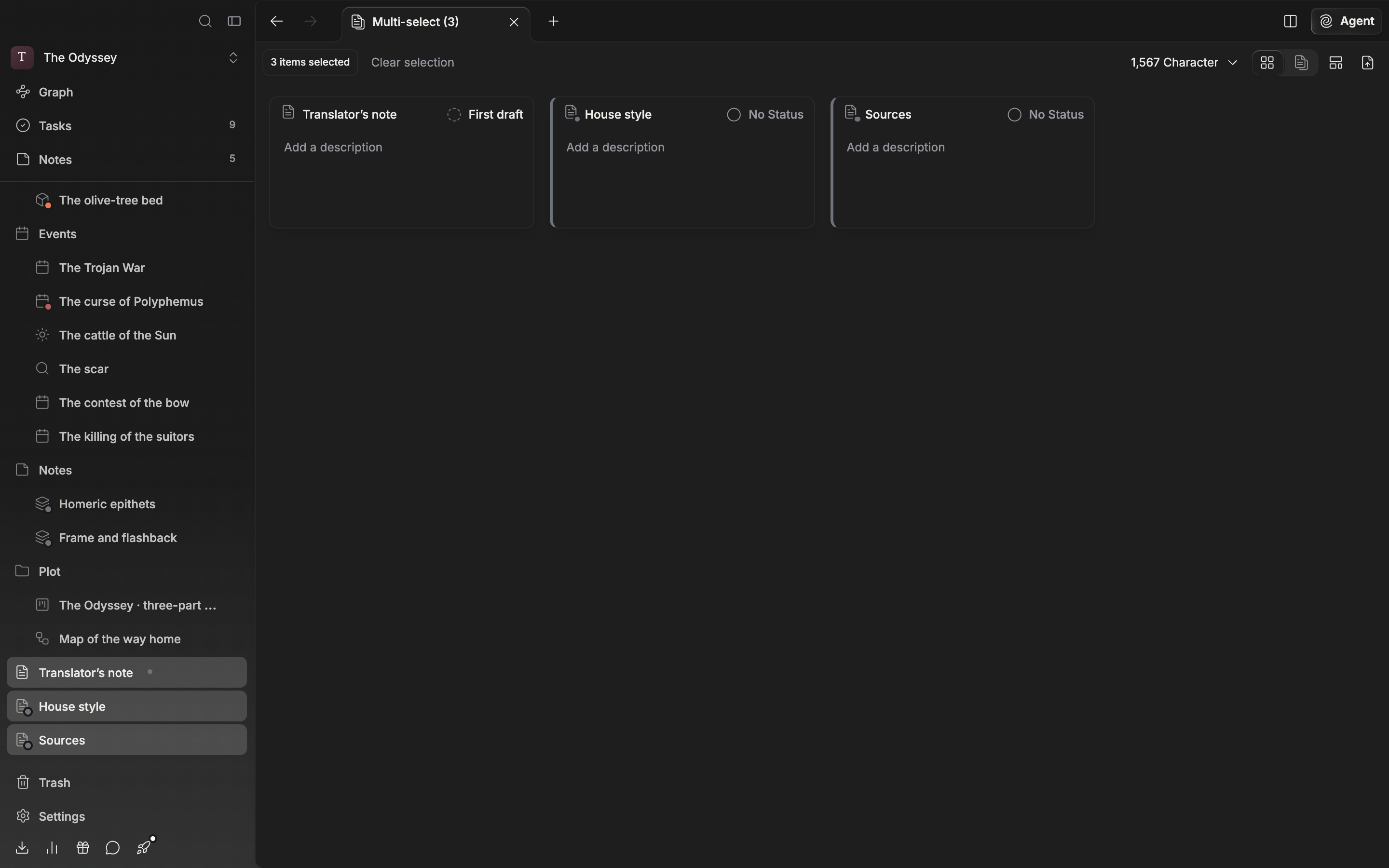 Three documents have been Shift-clicked in the sidebar file tree so the tab name has changed to “Multi-select (3)”, and the “3 items selected” badge and the Clear selection button are visible in the body.