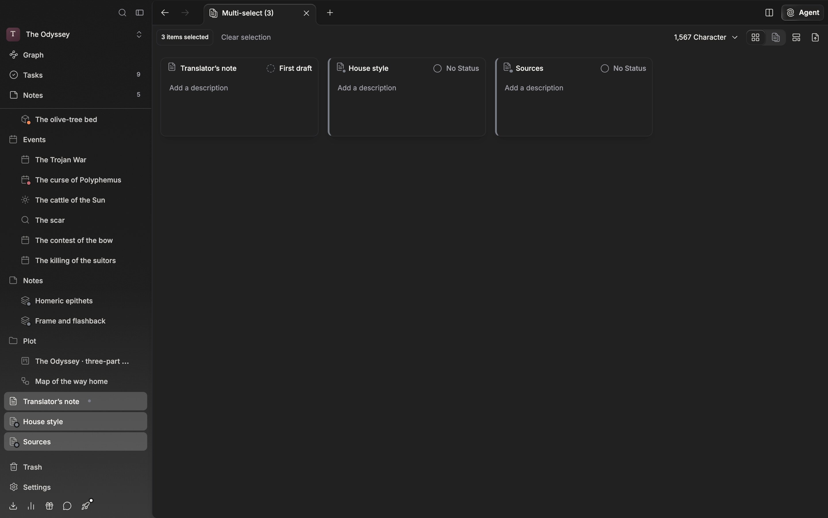 Three documents have been Shift-clicked in the sidebar file tree so the tab name has changed to “Multi-select (3)”, and the “3 items selected” badge and the Clear selection button are visible in the body.