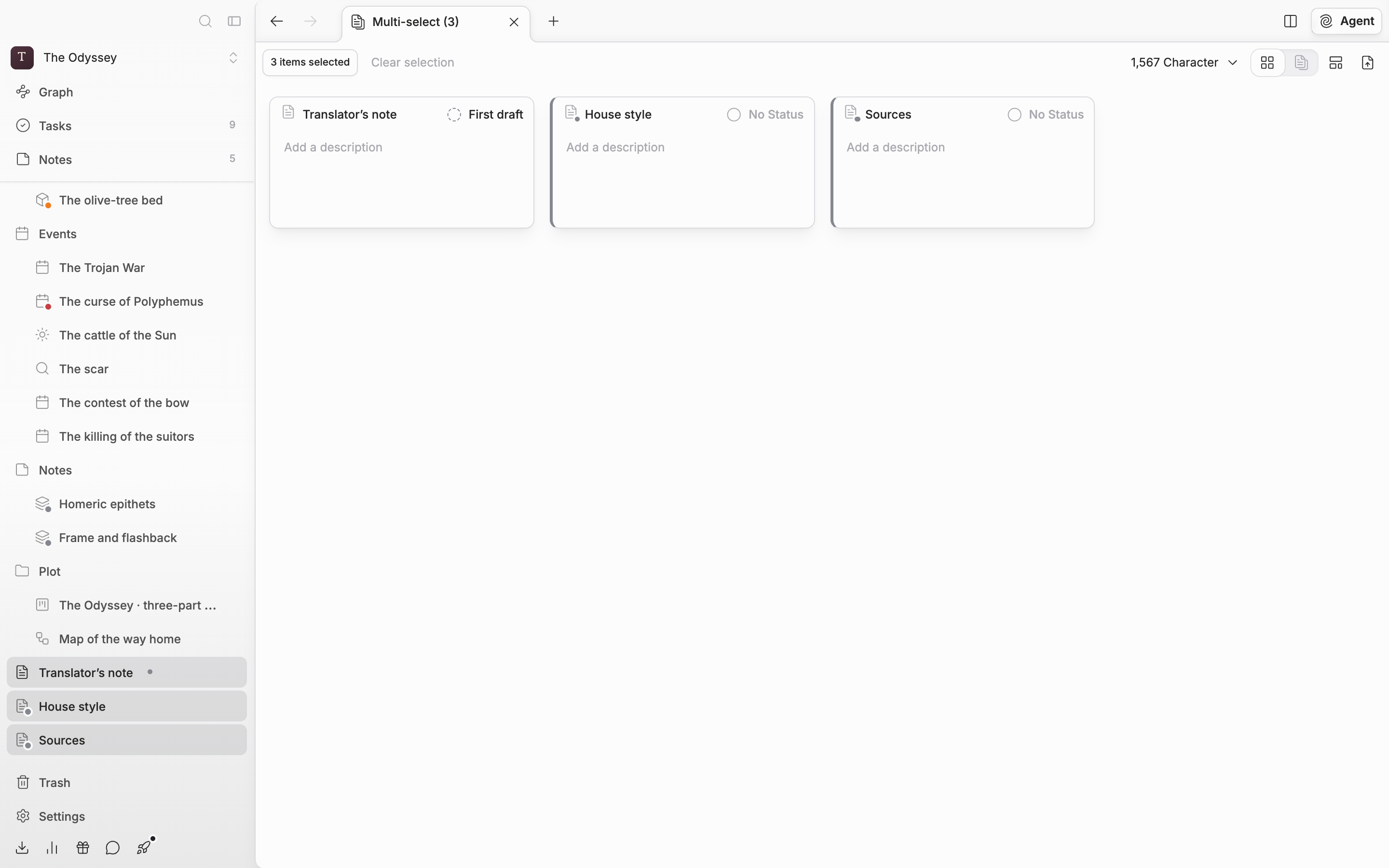 Three documents have been Shift-clicked in the sidebar file tree so the tab name has changed to “Multi-select (3)”, and the “3 items selected” badge and the Clear selection button are visible in the body.