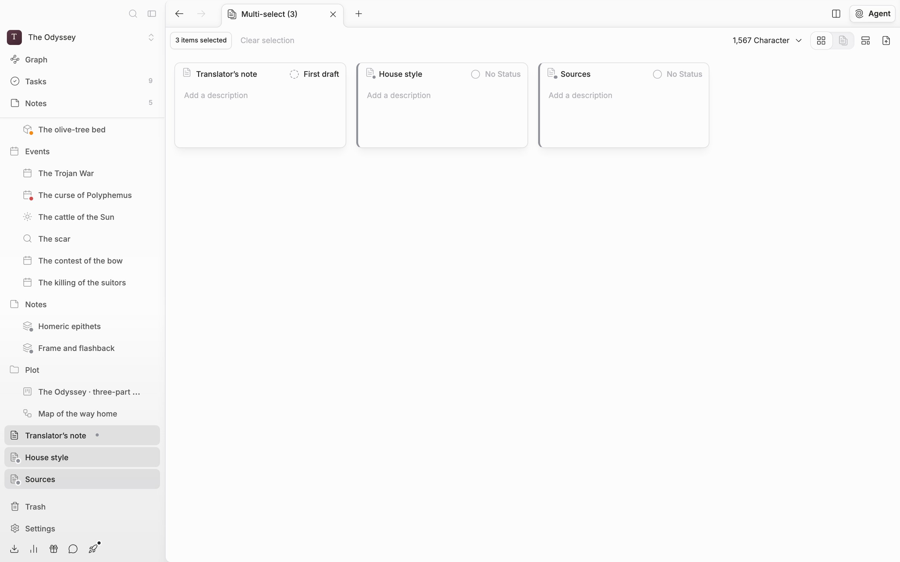 Three documents have been Shift-clicked in the sidebar file tree so the tab name has changed to “Multi-select (3)”, and the “3 items selected” badge and the Clear selection button are visible in the body.