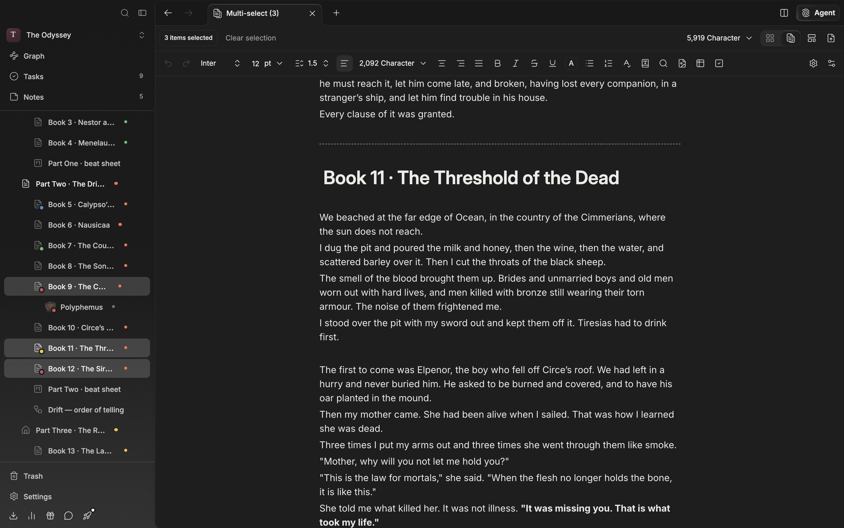 On the multi-select screen with three documents picked, the tab at the top right has been switched to continuous reading and the view scrolled down to the first boundary. The “3 items selected” badge and the combined character count are at the top, and the last paragraph of the previous piece, the dotted divider, and the title of the next piece are all in frame.