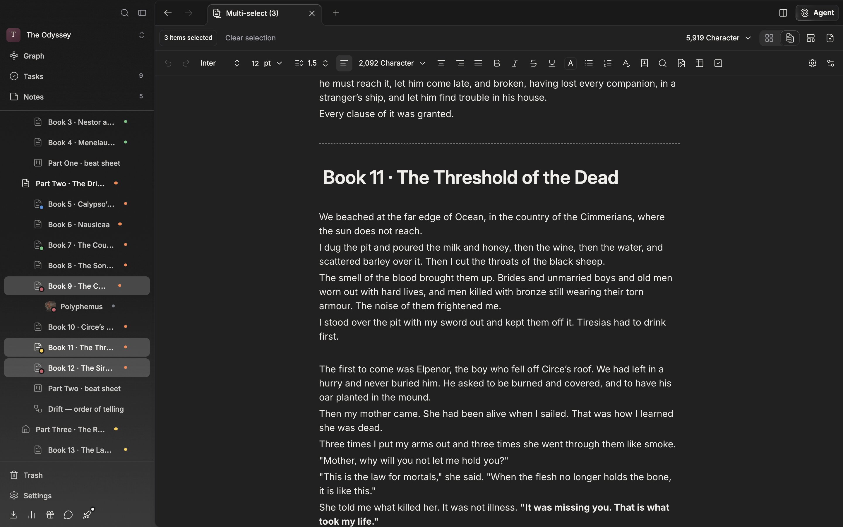 On the multi-select screen with three documents picked, the tab at the top right has been switched to continuous reading and the view scrolled down to the first boundary. The “3 items selected” badge and the combined character count are at the top, and the last paragraph of the previous piece, the dotted divider, and the title of the next piece are all in frame.