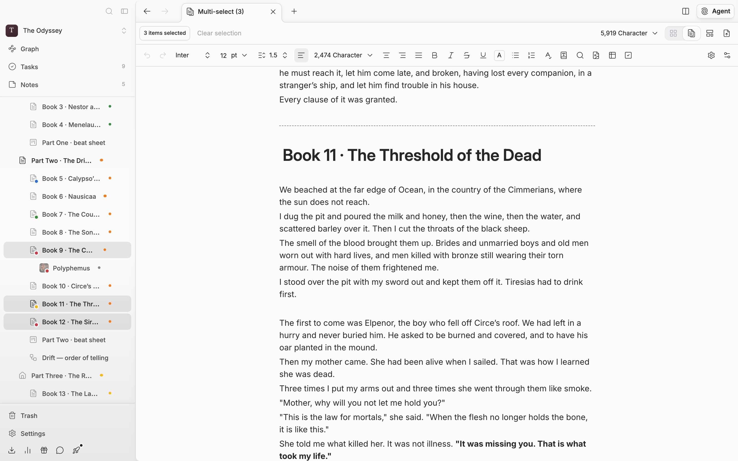 On the multi-select screen with three documents picked, the tab at the top right has been switched to continuous reading and the view scrolled down to the first boundary. The “3 items selected” badge and the combined character count are at the top, and the last paragraph of the previous piece, the dotted divider, and the title of the next piece are all in frame.