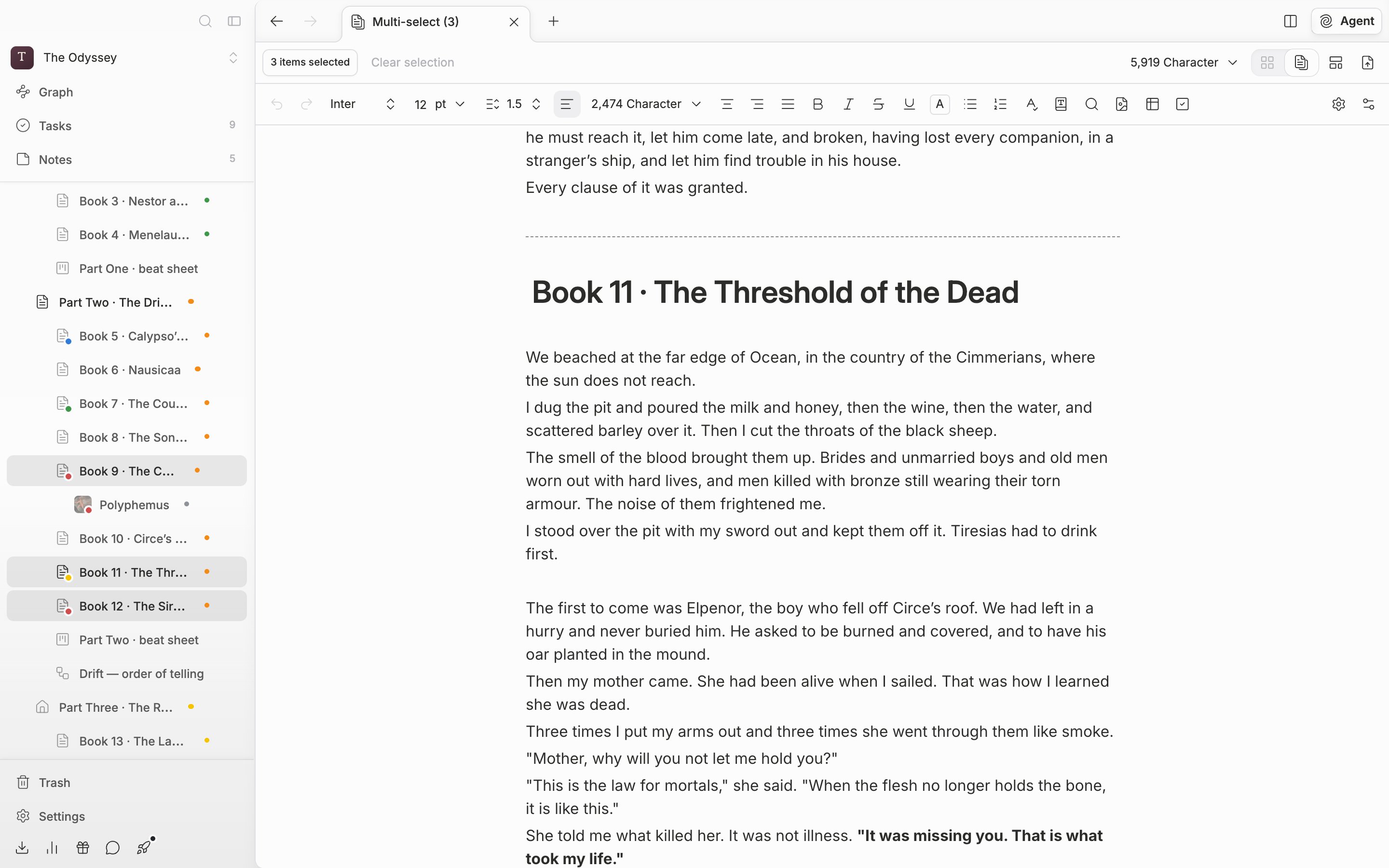 On the multi-select screen with three documents picked, the tab at the top right has been switched to continuous reading and the view scrolled down to the first boundary. The “3 items selected” badge and the combined character count are at the top, and the last paragraph of the previous piece, the dotted divider, and the title of the next piece are all in frame.