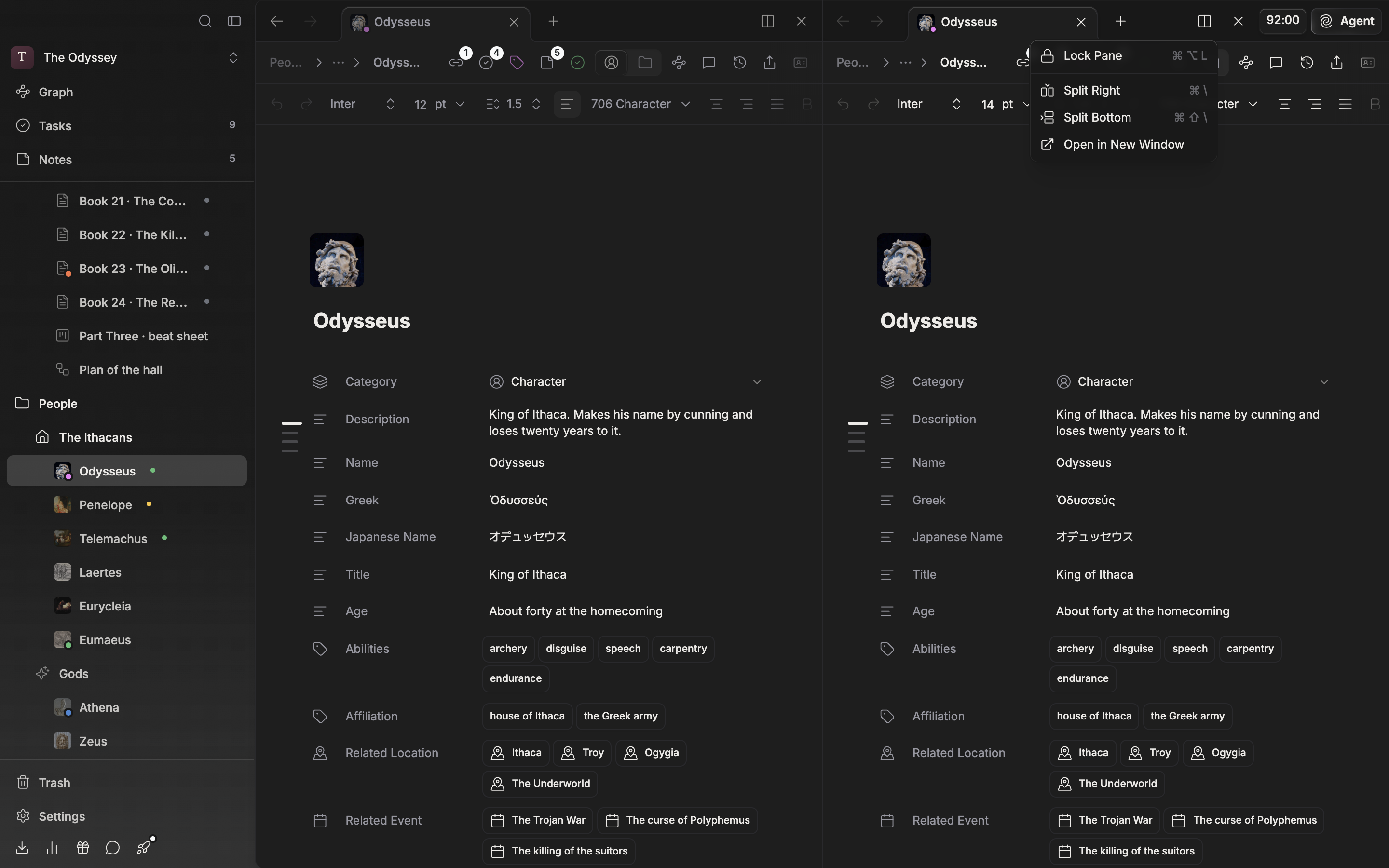Split into two panes left and right, with a document open on the left and a sheet on the right. The Split View dropdown on the right pane is expanded, showing Lock Pane, Split Right, Split Bottom, and Open in New Window.