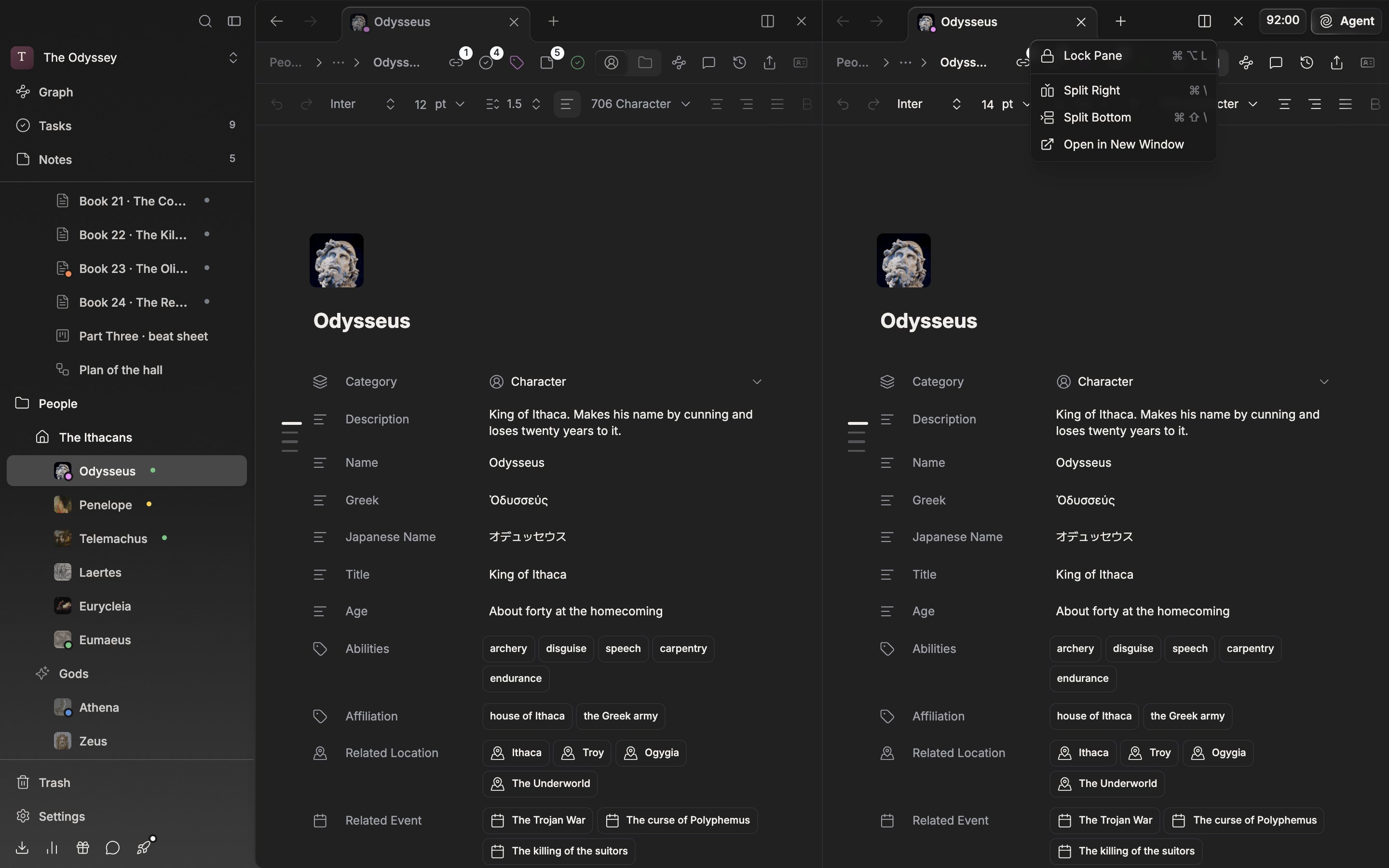 Split into two panes left and right, with a document open on the left and a sheet on the right. The Split View dropdown on the right pane is expanded, showing Lock Pane, Split Right, Split Bottom, and Open in New Window.