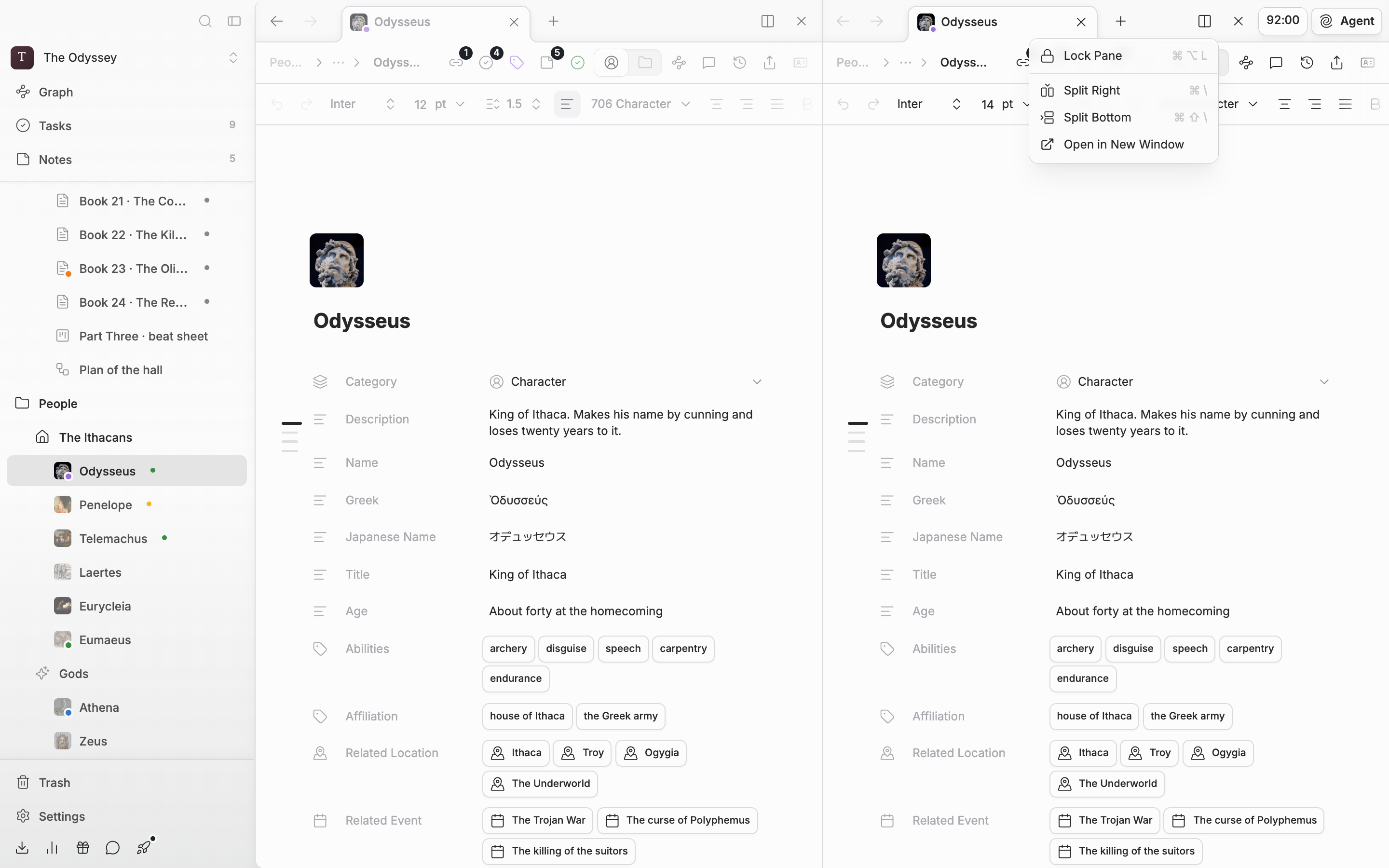 Split into two panes left and right, with a document open on the left and a sheet on the right. The Split View dropdown on the right pane is expanded, showing Lock Pane, Split Right, Split Bottom, and Open in New Window.