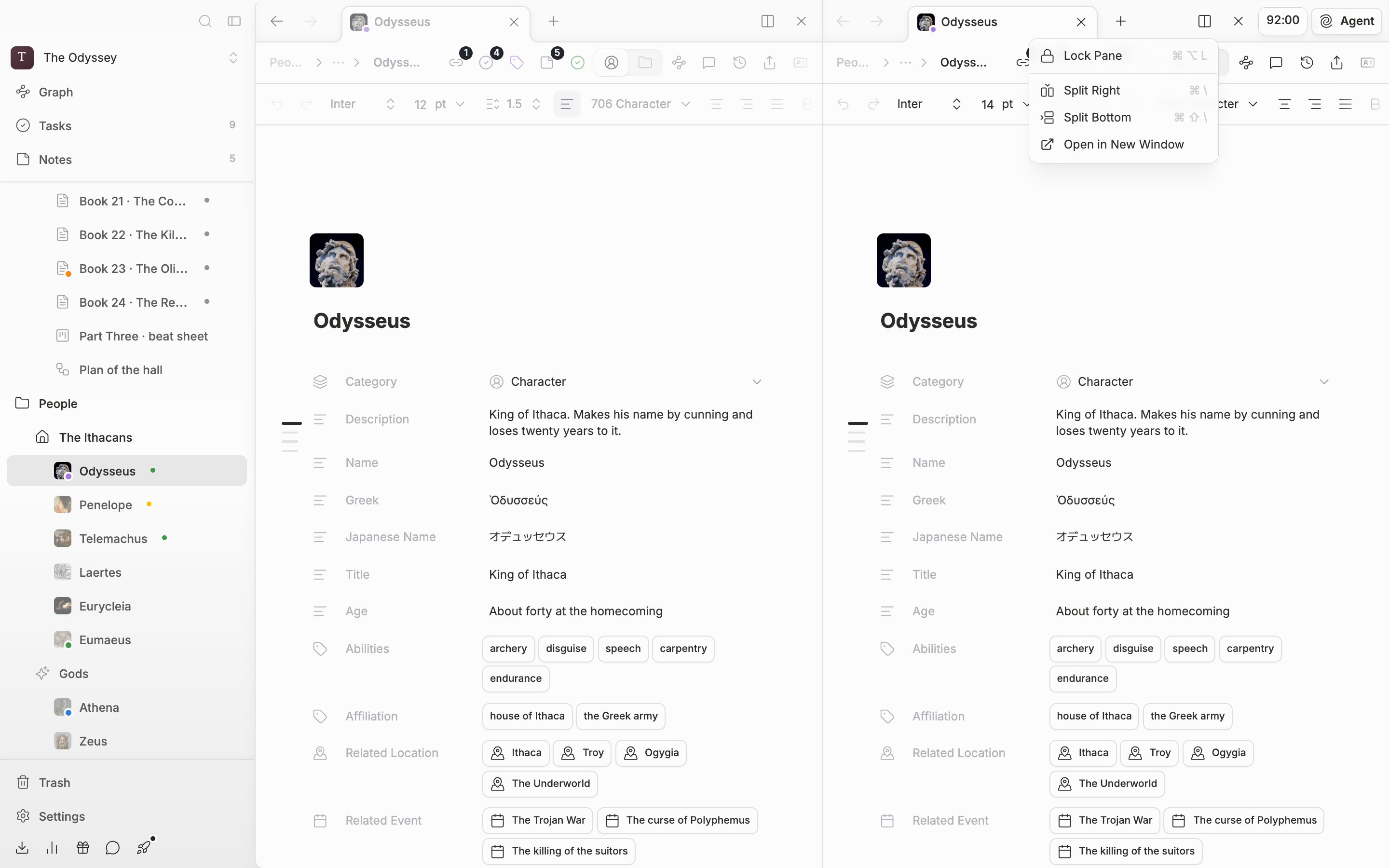 Split into two panes left and right, with a document open on the left and a sheet on the right. The Split View dropdown on the right pane is expanded, showing Lock Pane, Split Right, Split Bottom, and Open in New Window.