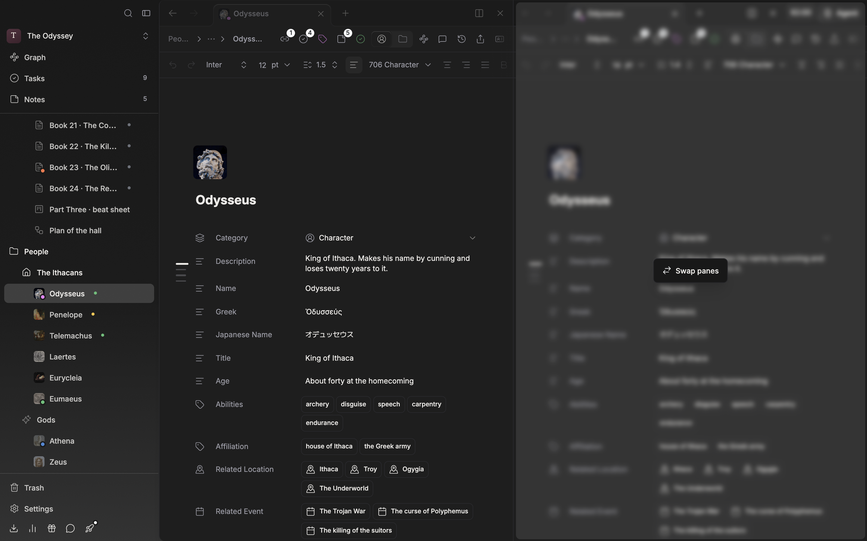 The moment the left tab bar of two side-by-side panes is dragged over the right pane. The right pane dims and a “Swap panes” card floats in the middle.