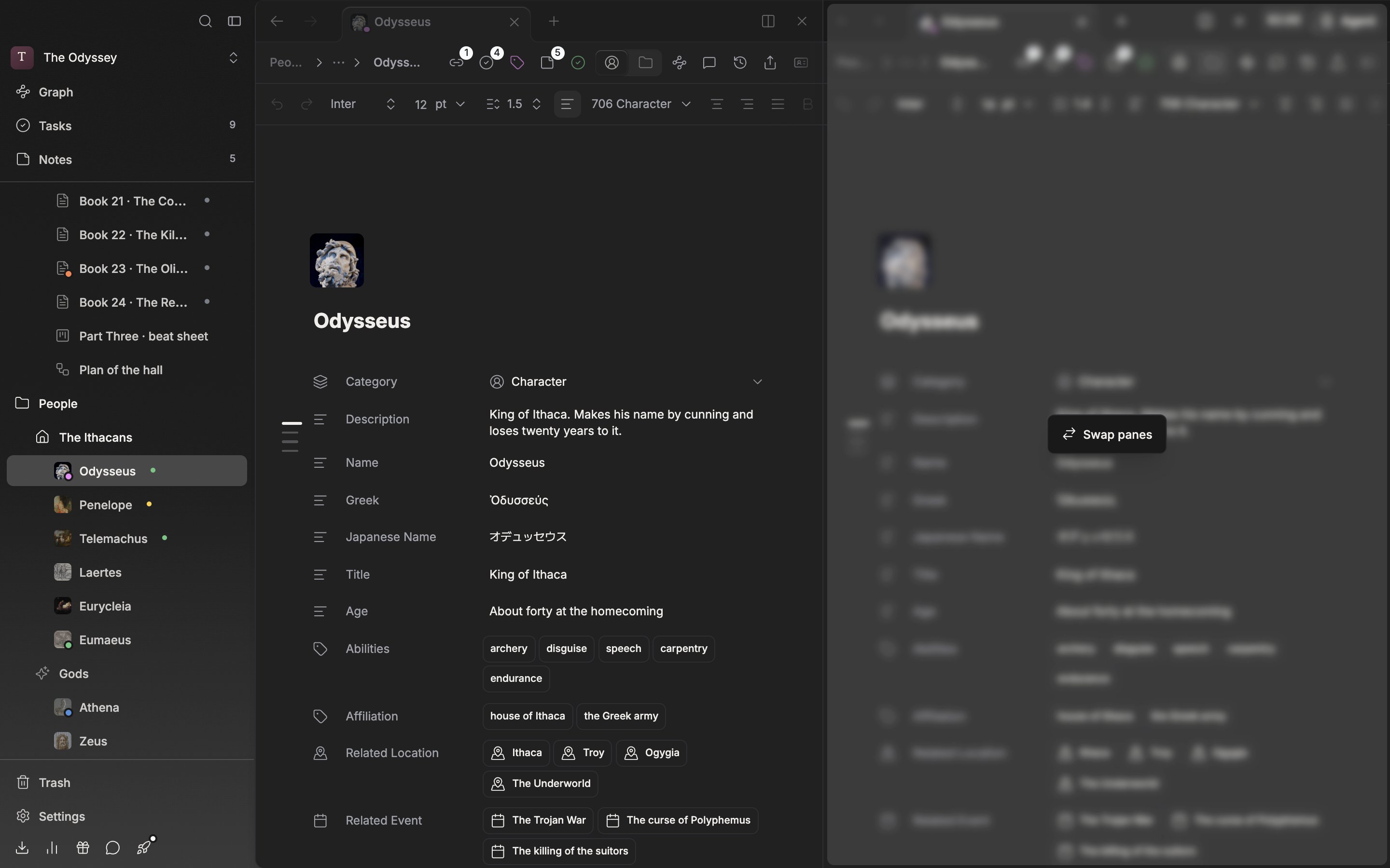 The moment the left tab bar of two side-by-side panes is dragged over the right pane. The right pane dims and a “Swap panes” card floats in the middle.
