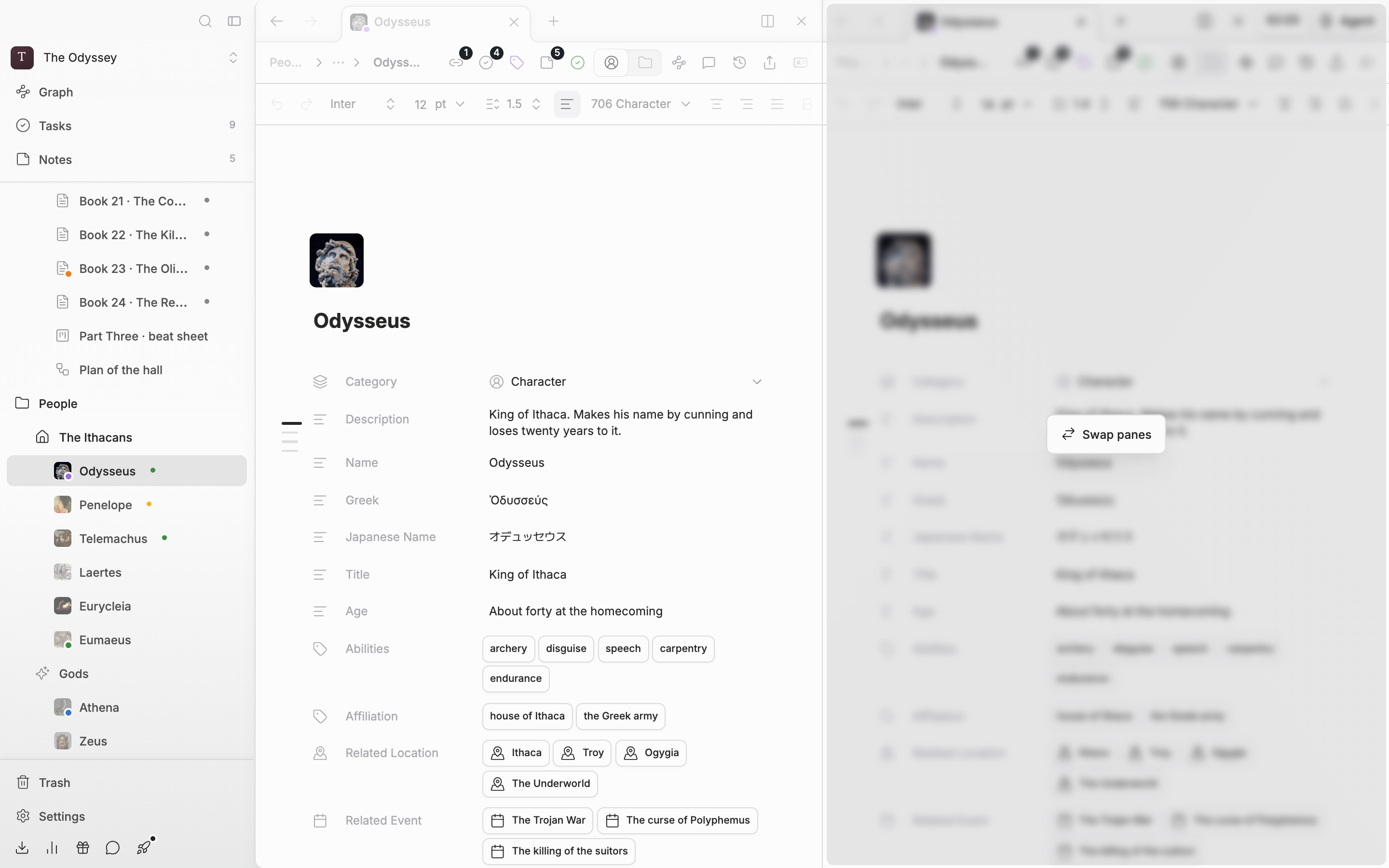 The moment the left tab bar of two side-by-side panes is dragged over the right pane. The right pane dims and a “Swap panes” card floats in the middle.