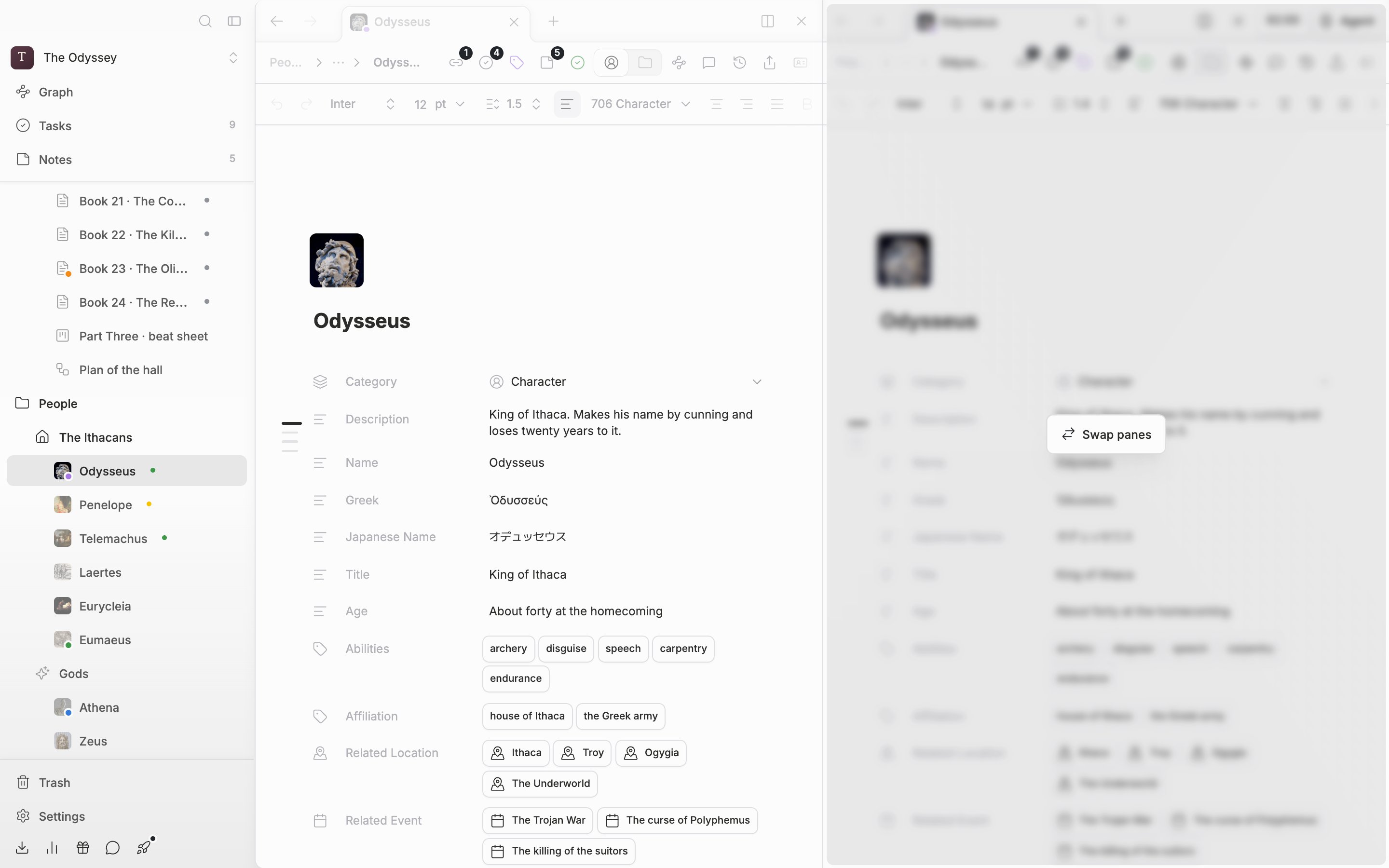 The moment the left tab bar of two side-by-side panes is dragged over the right pane. The right pane dims and a “Swap panes” card floats in the middle.