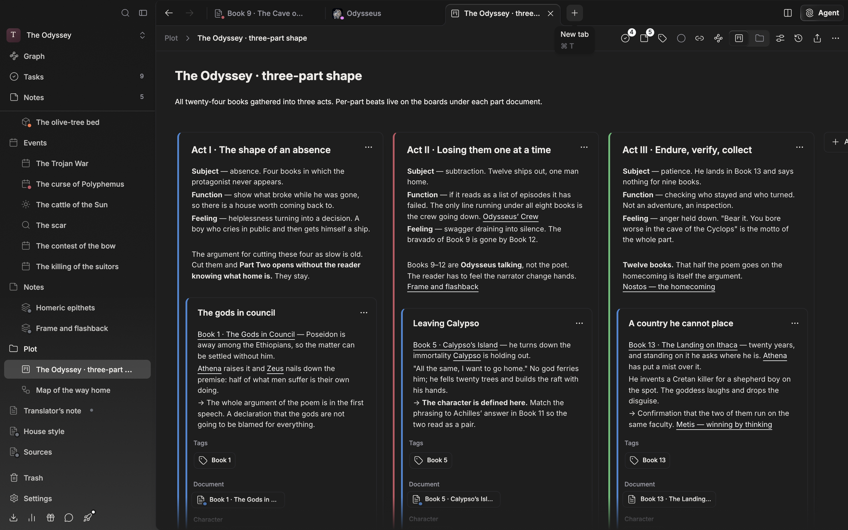 Three or four document, sheet, and plotboard tabs are lined up in one pane's tab bar, the close X is visible on the active tab, and a “New tab” tooltip floats above the + button at the right end.