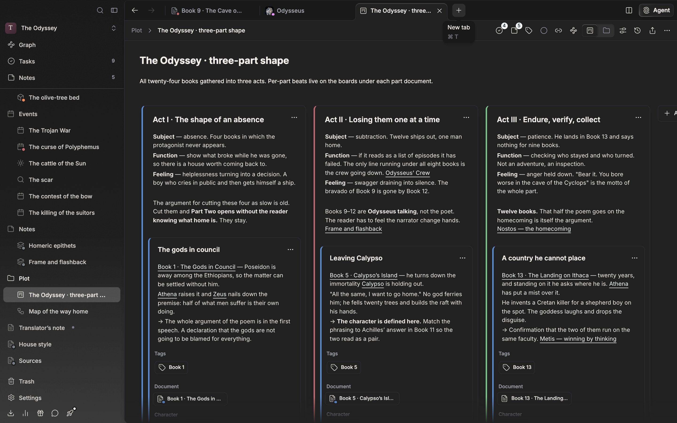 Three or four document, sheet, and plotboard tabs are lined up in one pane's tab bar, the close X is visible on the active tab, and a “New tab” tooltip floats above the + button at the right end.