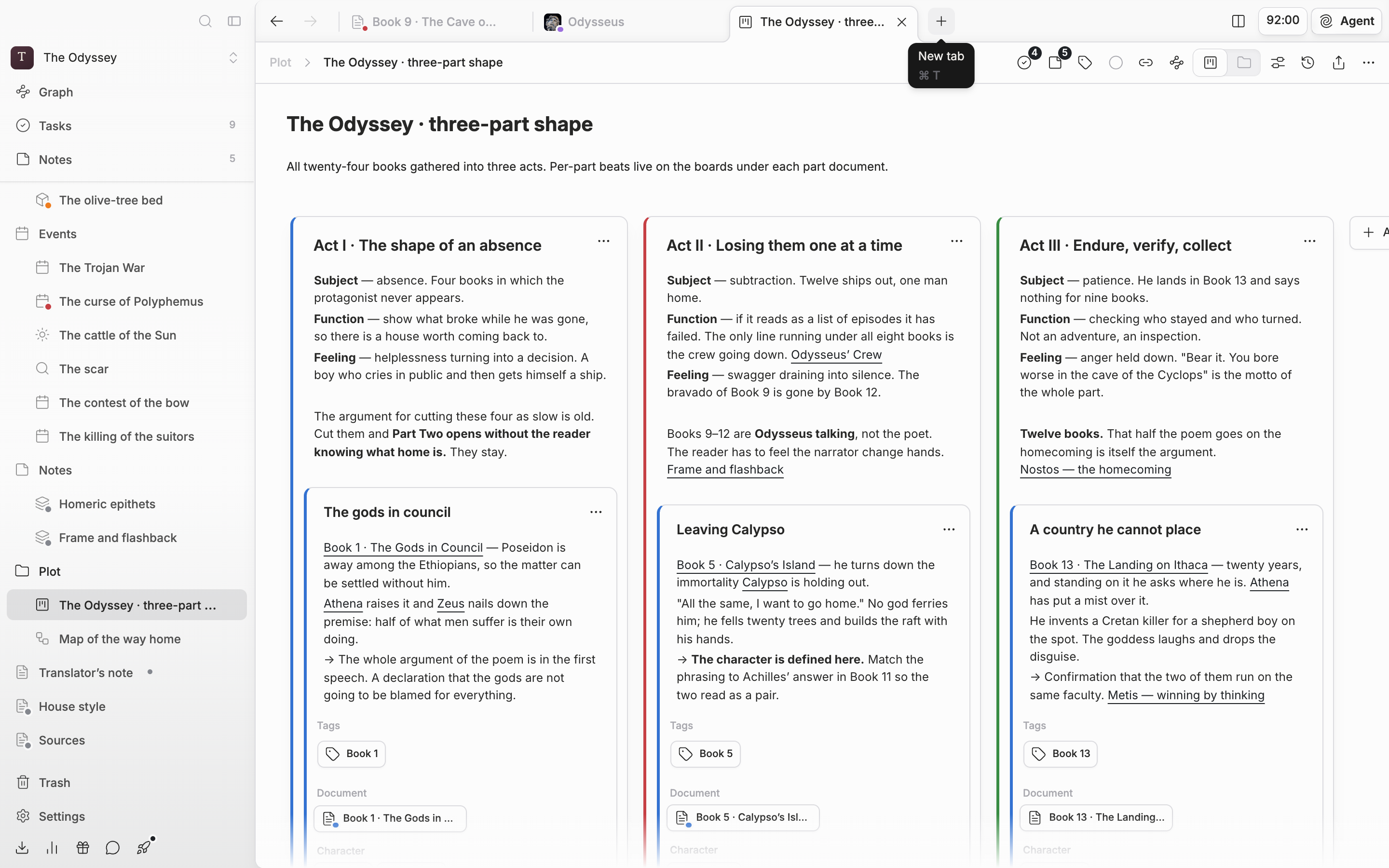Three or four document, sheet, and plotboard tabs are lined up in one pane's tab bar, the close X is visible on the active tab, and a “New tab” tooltip floats above the + button at the right end.