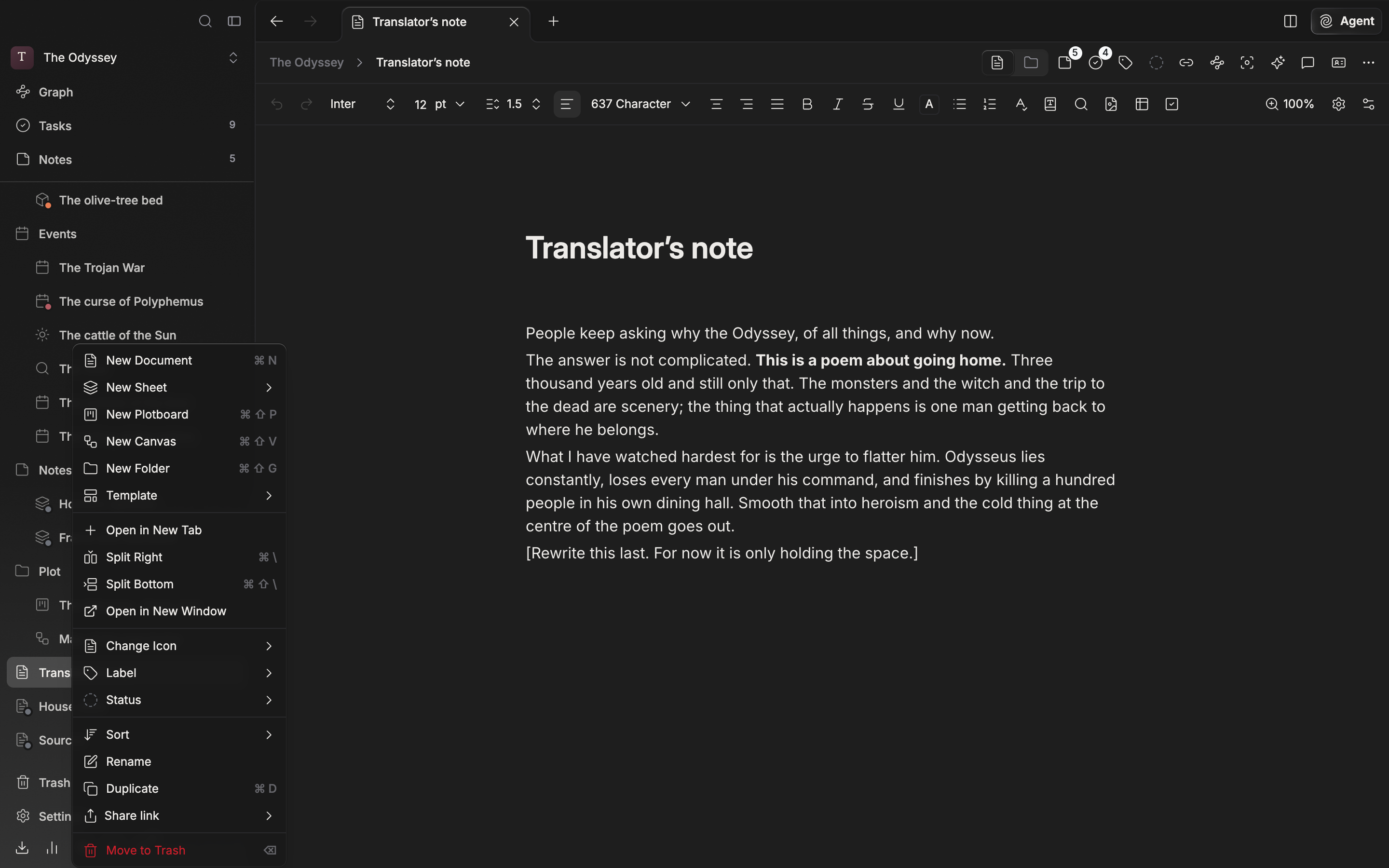 A document in the sidebar file tree has been right-clicked and the menu is open. The “Open in New Tab” entry and, below it, “Split Right” and “Split Bottom” are visible together.