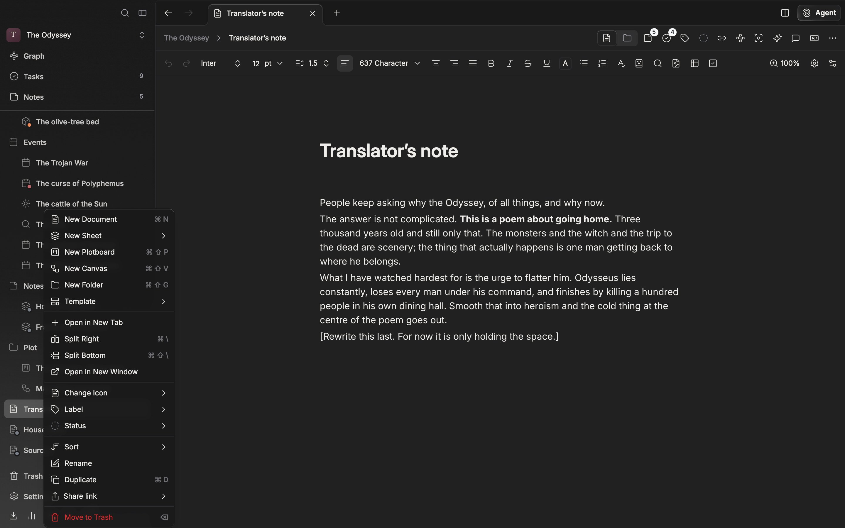 A document in the sidebar file tree has been right-clicked and the menu is open. The “Open in New Tab” entry and, below it, “Split Right” and “Split Bottom” are visible together.