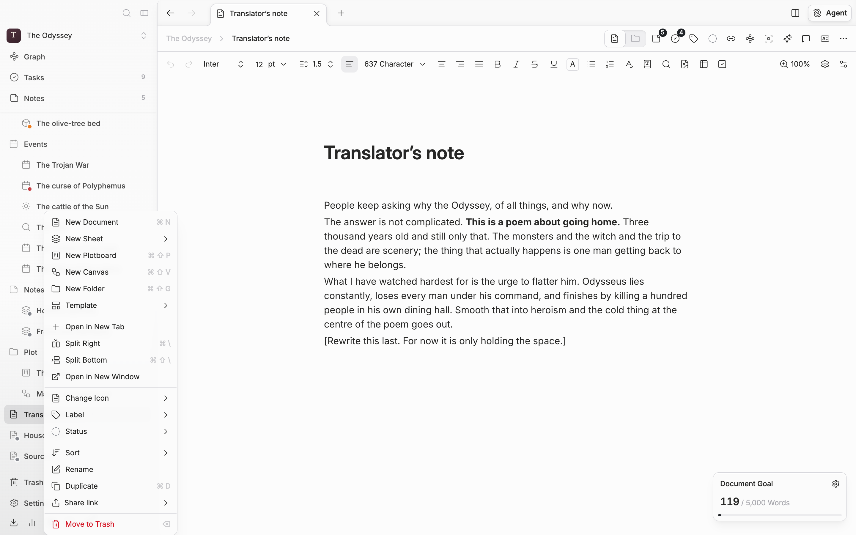 A document in the sidebar file tree has been right-clicked and the menu is open. The “Open in New Tab” entry and, below it, “Split Right” and “Split Bottom” are visible together.