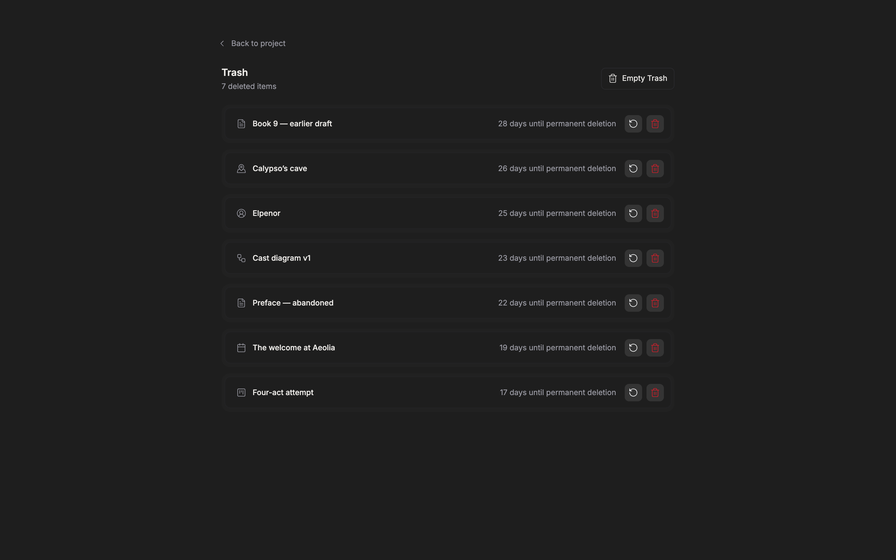 The trash screen. The list of deleted items is shown, with the days remaining until permanent deletion on each item.