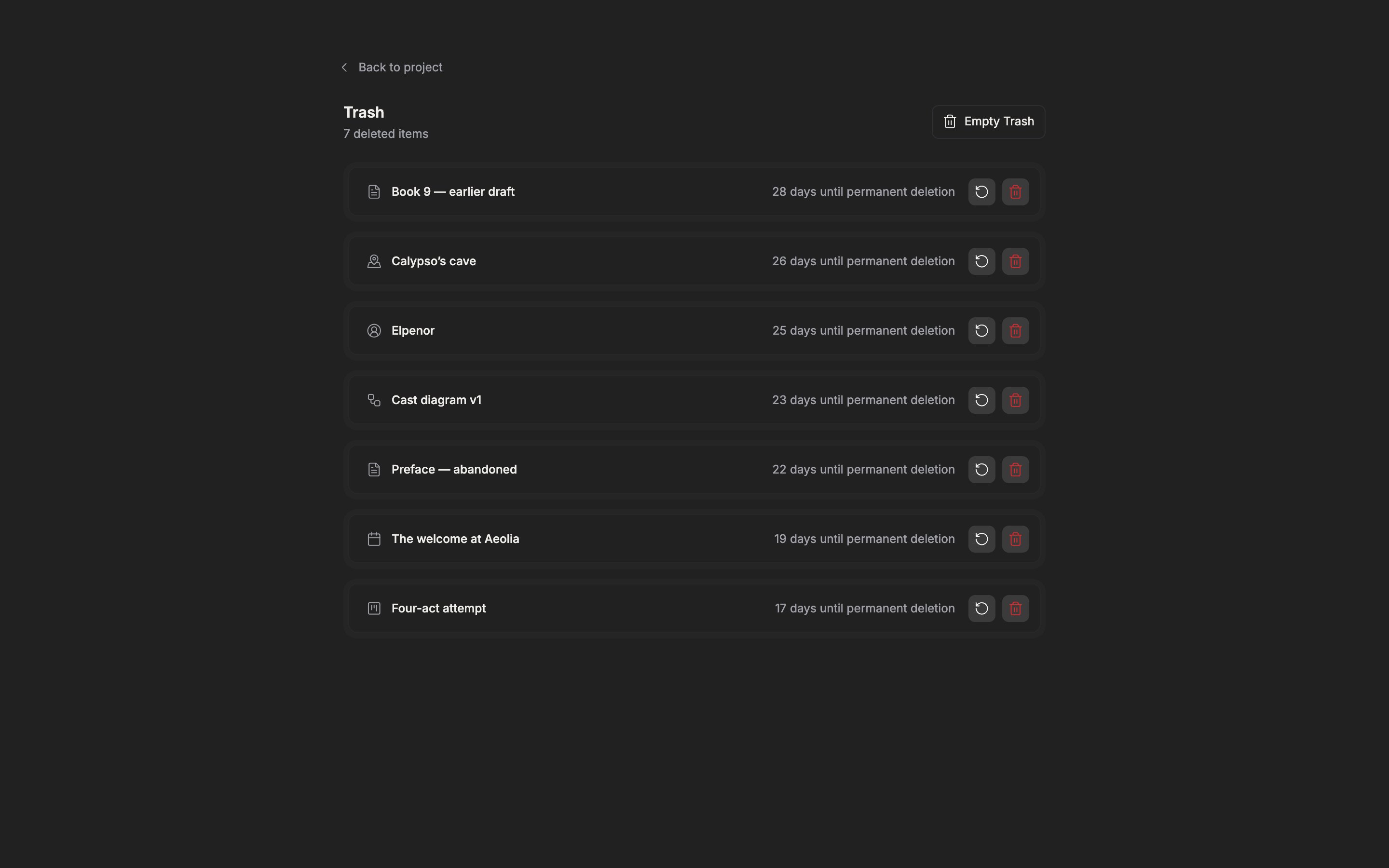 The trash screen. The list of deleted items is shown, with the days remaining until permanent deletion on each item.