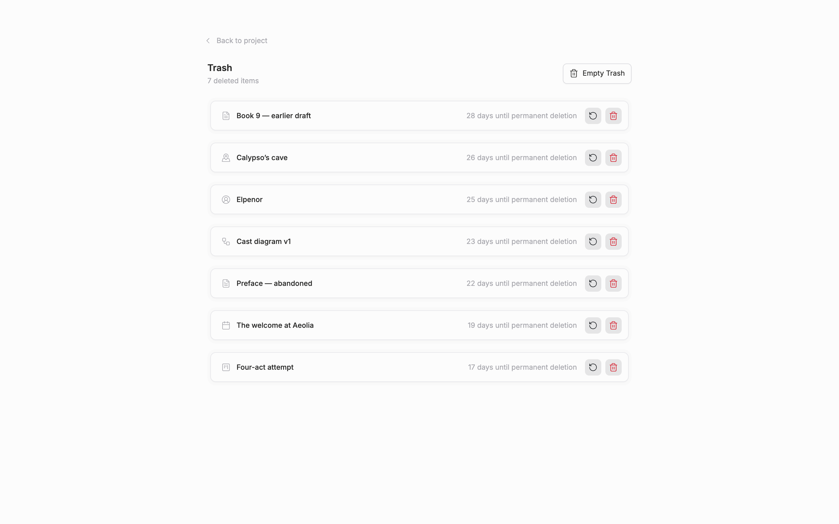 The trash screen. The list of deleted items is shown, with the days remaining until permanent deletion on each item.