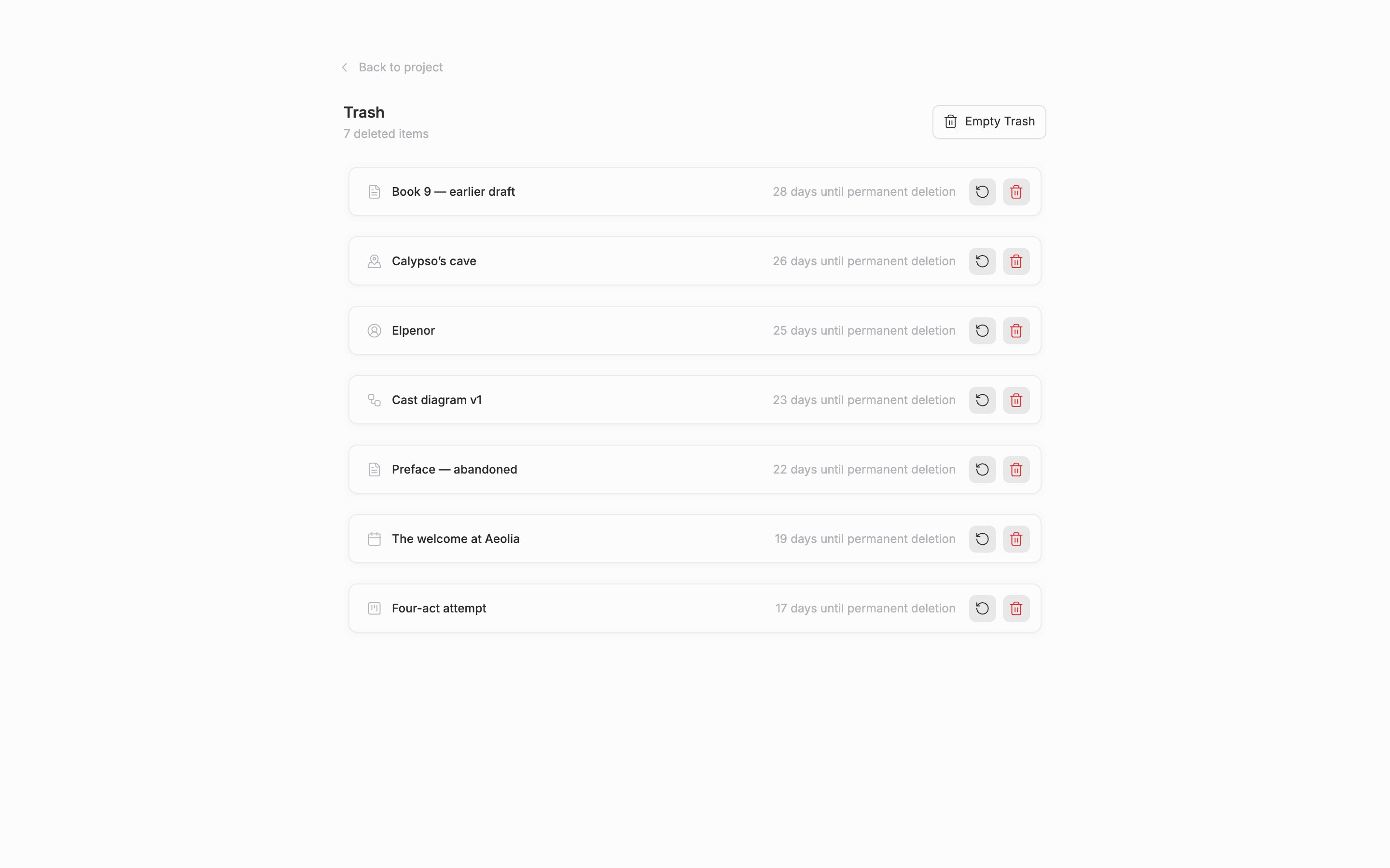 The trash screen. The list of deleted items is shown, with the days remaining until permanent deletion on each item.