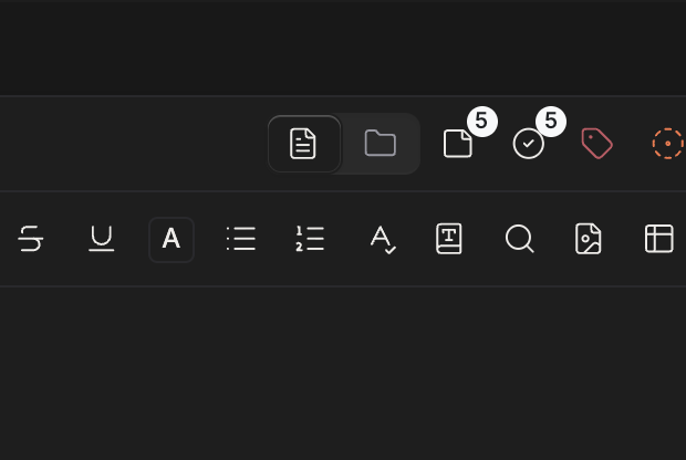 A crop of just the right side of the header on the default screen with a document open. Of the two tabs the left file icon is active, and the two icons are large enough to tell apart. About one line of the manuscript's first line comes in below.