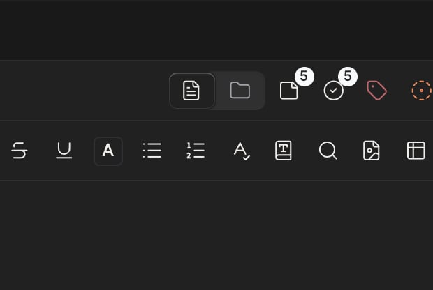 A crop of just the right side of the header on the default screen with a document open. Of the two tabs the left file icon is active, and the two icons are large enough to tell apart. About one line of the manuscript's first line comes in below.
