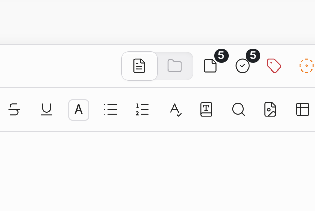 A crop of just the right side of the header on the default screen with a document open. Of the two tabs the left file icon is active, and the two icons are large enough to tell apart. About one line of the manuscript's first line comes in below.