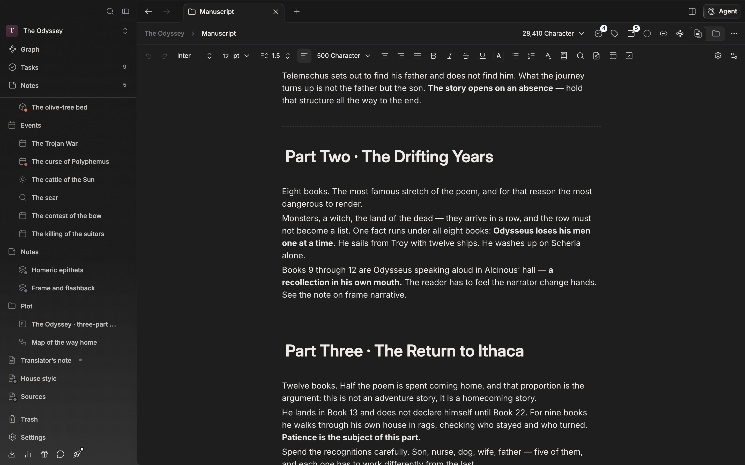 A folder holding three or more documents opened and switched to file view. The bodies of several chapters run on in one scroll with the boundaries between chapters visible, and the number picked or the combined character count is caught at the top.