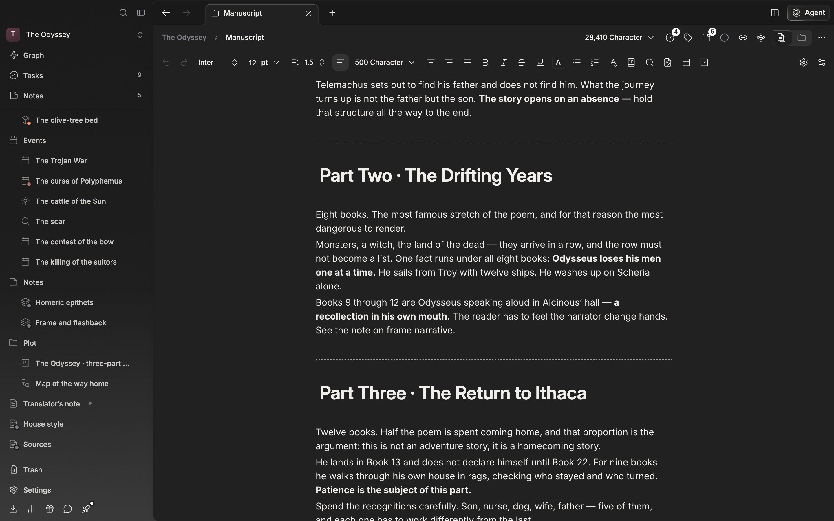 A folder holding three or more documents opened and switched to file view. The bodies of several chapters run on in one scroll with the boundaries between chapters visible, and the number picked or the combined character count is caught at the top.