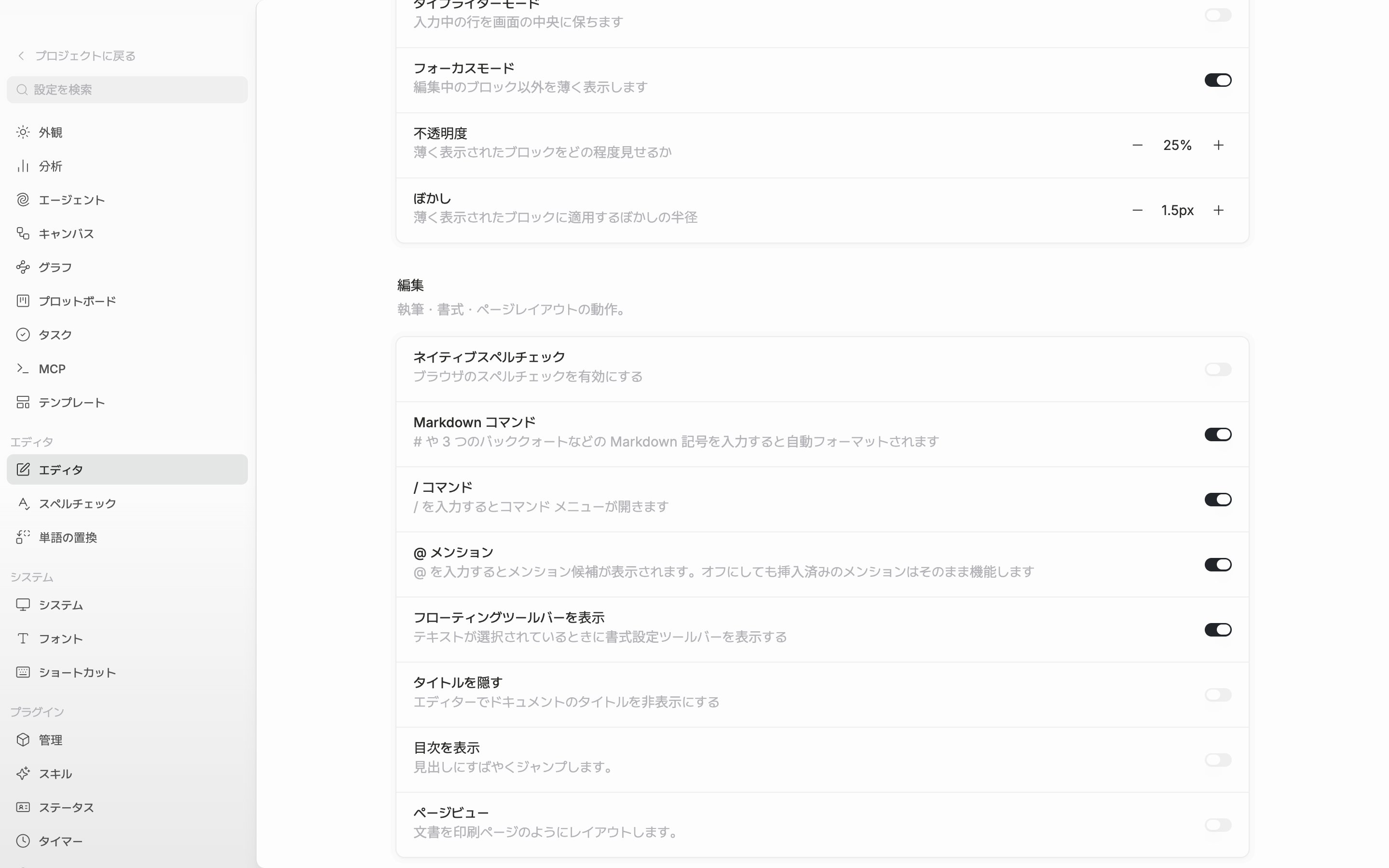 編集区画が画面に収まった状態。Markdown コマンド・/ コマンド・@ メンションの三行が並んで見え、スイッチはすべてオン。