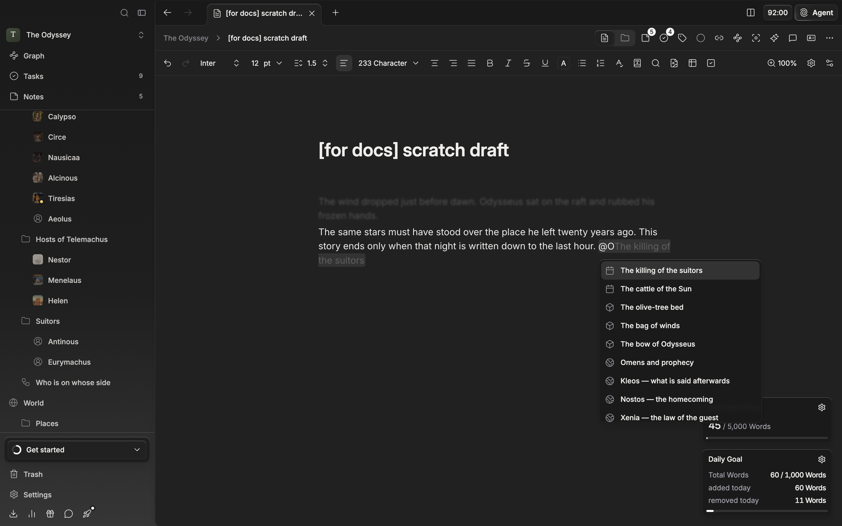 @ has been typed in the body so the file search popup is open, showing the sheet list narrowed by the character name together with the “Create new” group below it.