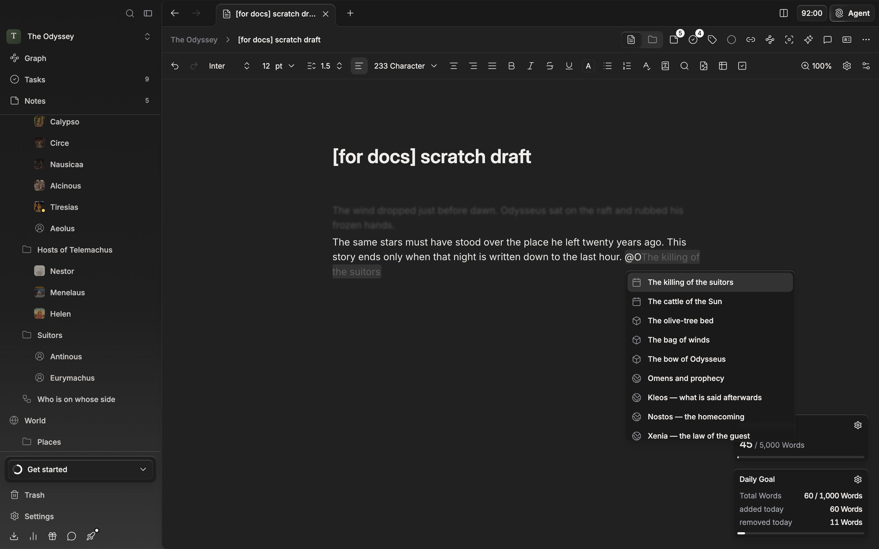 @ has been typed in the body so the file search popup is open, showing the sheet list narrowed by the character name together with the “Create new” group below it.