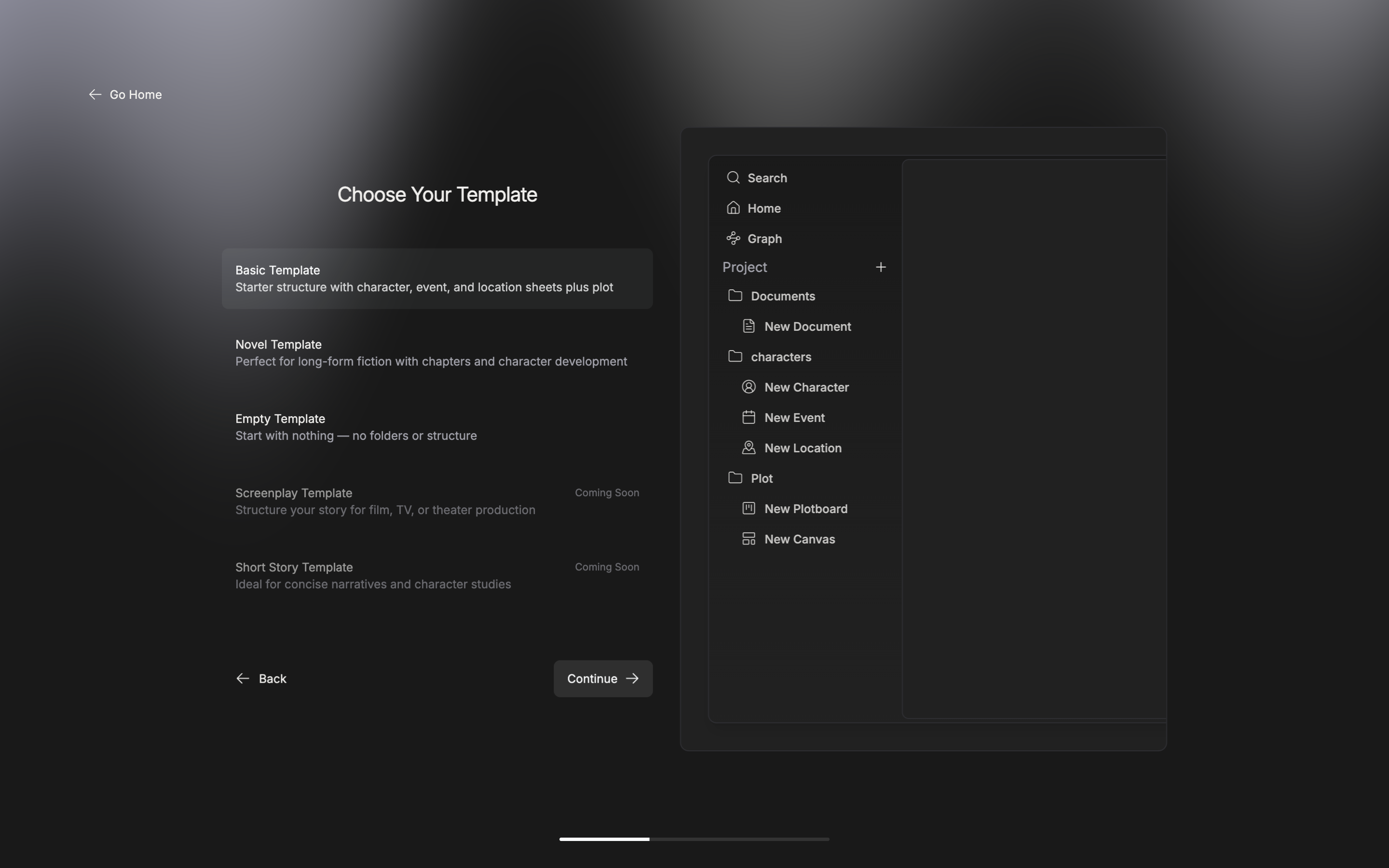 The template selection screen. Basic Template is selected and the preview on the right shows the Documents, characters, and Plot folder tree.