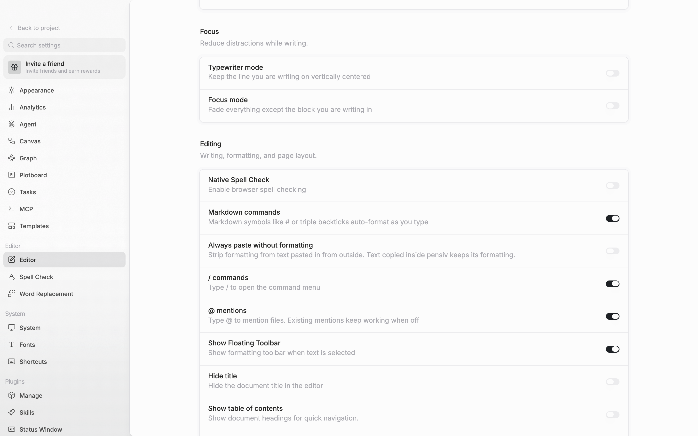 The Editing section in view. The Markdown commands, / commands, and @ mentions rows sit one after another and all switches are on.