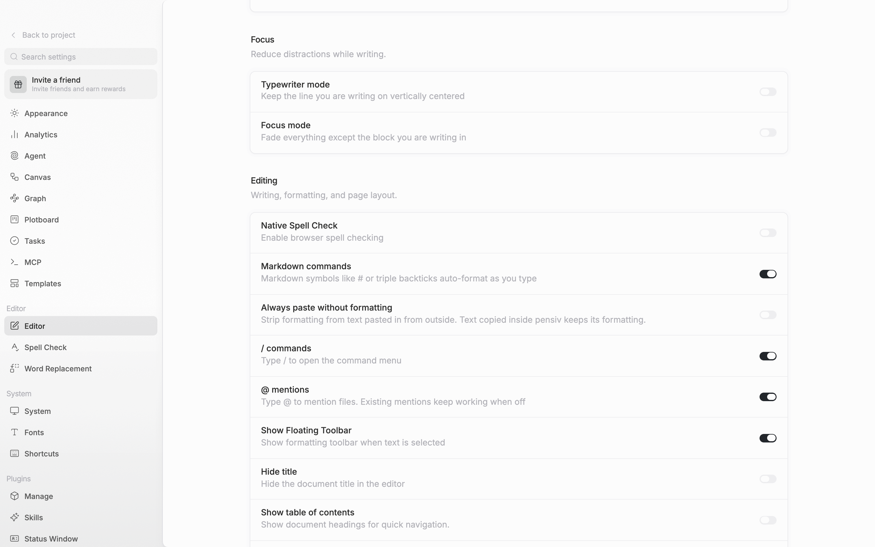 The Editing section in view. The Markdown commands, / commands, and @ mentions rows sit one after another and all switches are on.