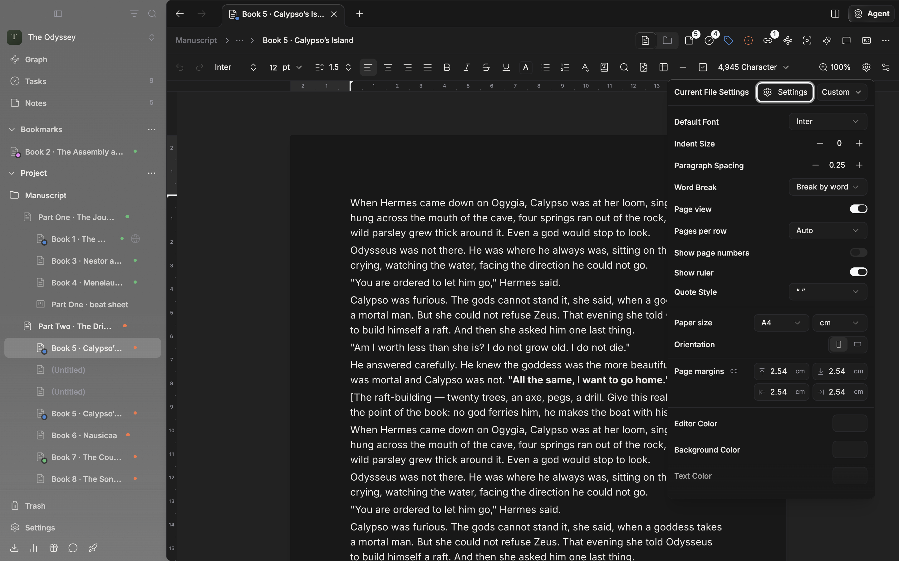 Page view on with the Current File Settings popover open. Below Pages per row, Show page numbers, and Show ruler come Paper size with its unit, Orientation, and the four margin fields, with the pages and rulers behind.