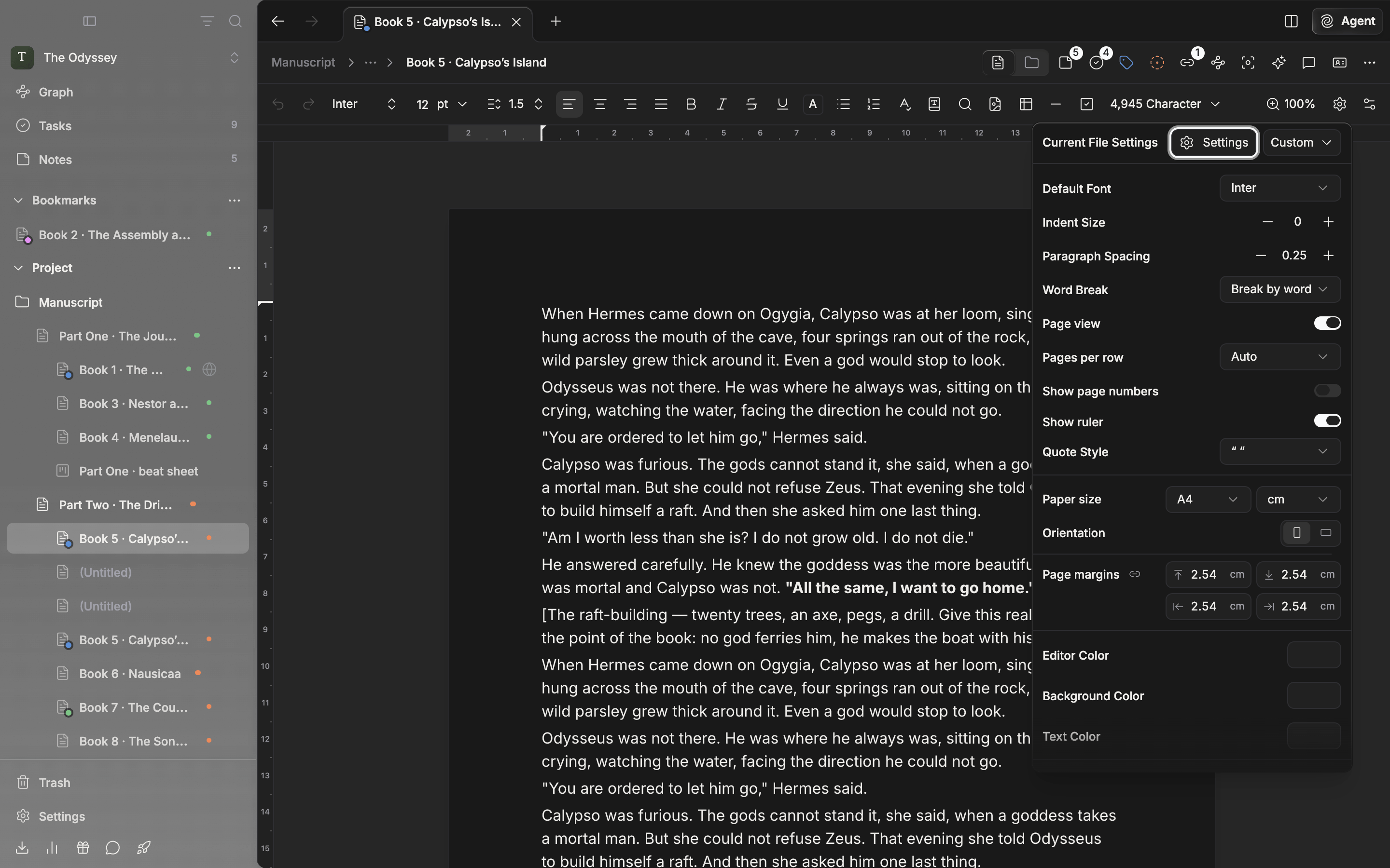 Page view on with the Current File Settings popover open. Below Pages per row, Show page numbers, and Show ruler come Paper size with its unit, Orientation, and the four margin fields, with the pages and rulers behind.