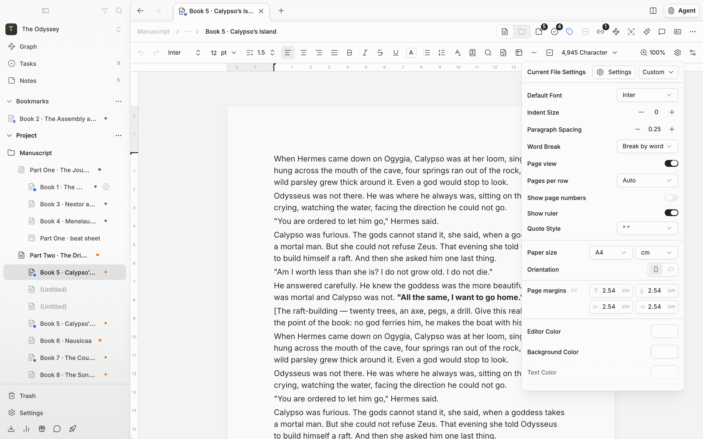Page view on with the Current File Settings popover open. Below Pages per row, Show page numbers, and Show ruler come Paper size with its unit, Orientation, and the four margin fields, with the pages and rulers behind.