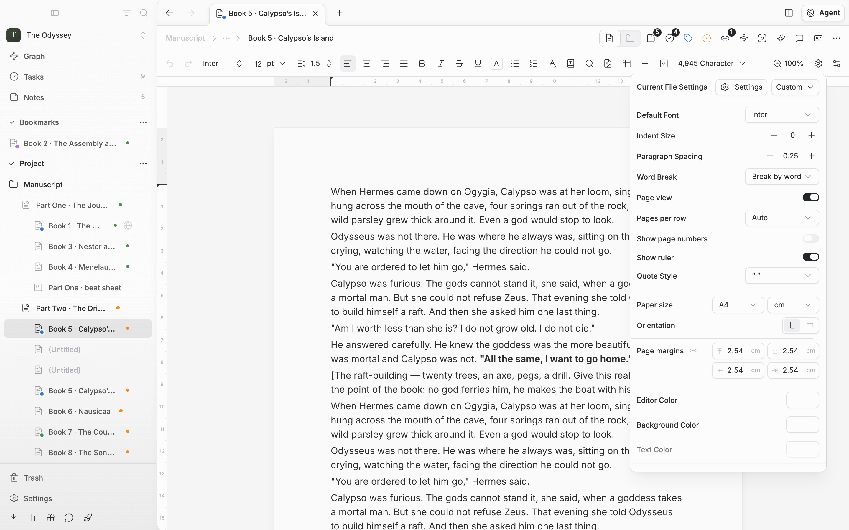 Page view on with the Current File Settings popover open. Below Pages per row, Show page numbers, and Show ruler come Paper size with its unit, Orientation, and the four margin fields, with the pages and rulers behind.