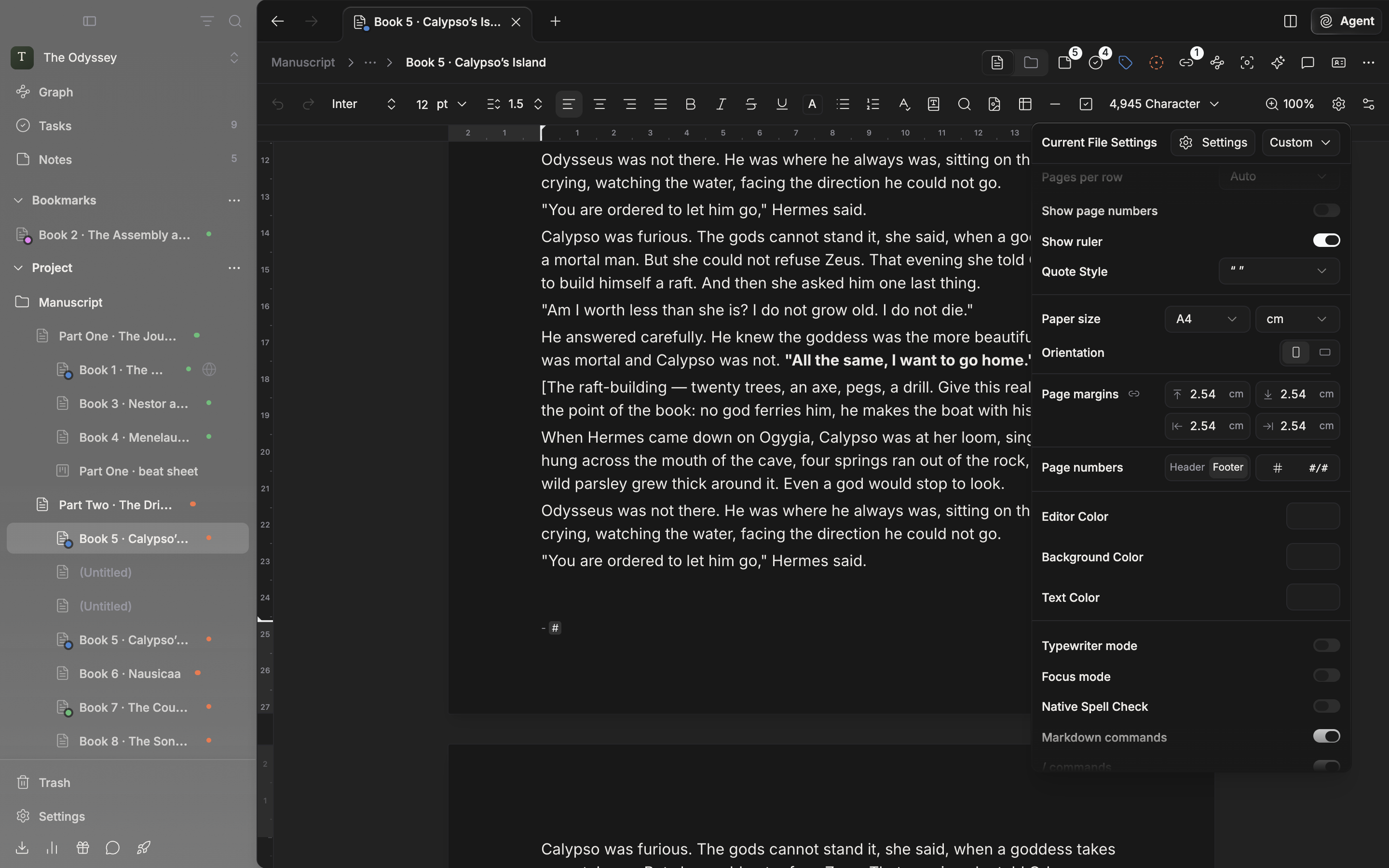 Editing the footer of the first page in page view. The footer holds “- #”, and the Current File Settings popover shows the Page numbers row with the Header/Footer switch and the # and #/# buttons.