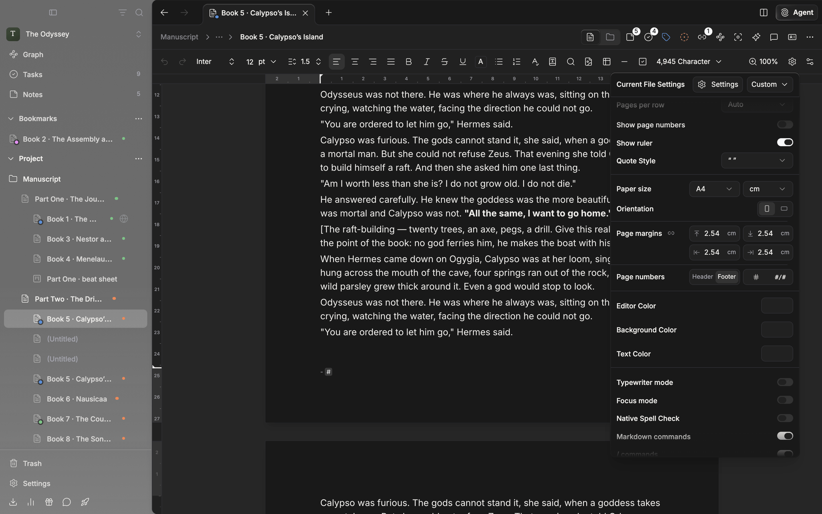 Editing the footer of the first page in page view. The footer holds “- #”, and the Current File Settings popover shows the Page numbers row with the Header/Footer switch and the # and #/# buttons.