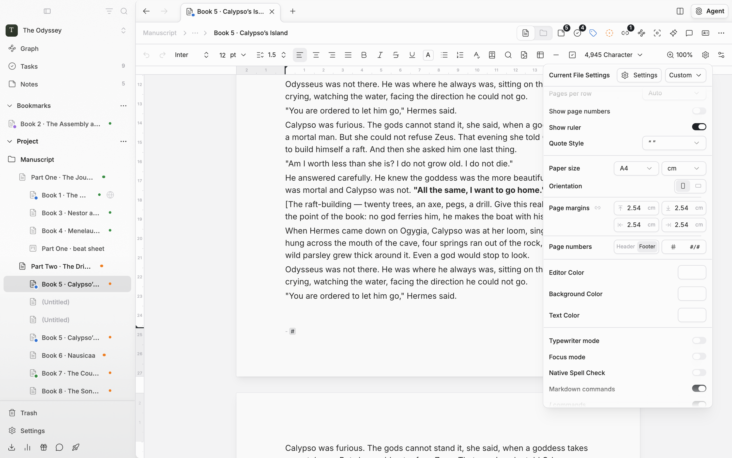 Editing the footer of the first page in page view. The footer holds “- #”, and the Current File Settings popover shows the Page numbers row with the Header/Footer switch and the # and #/# buttons.