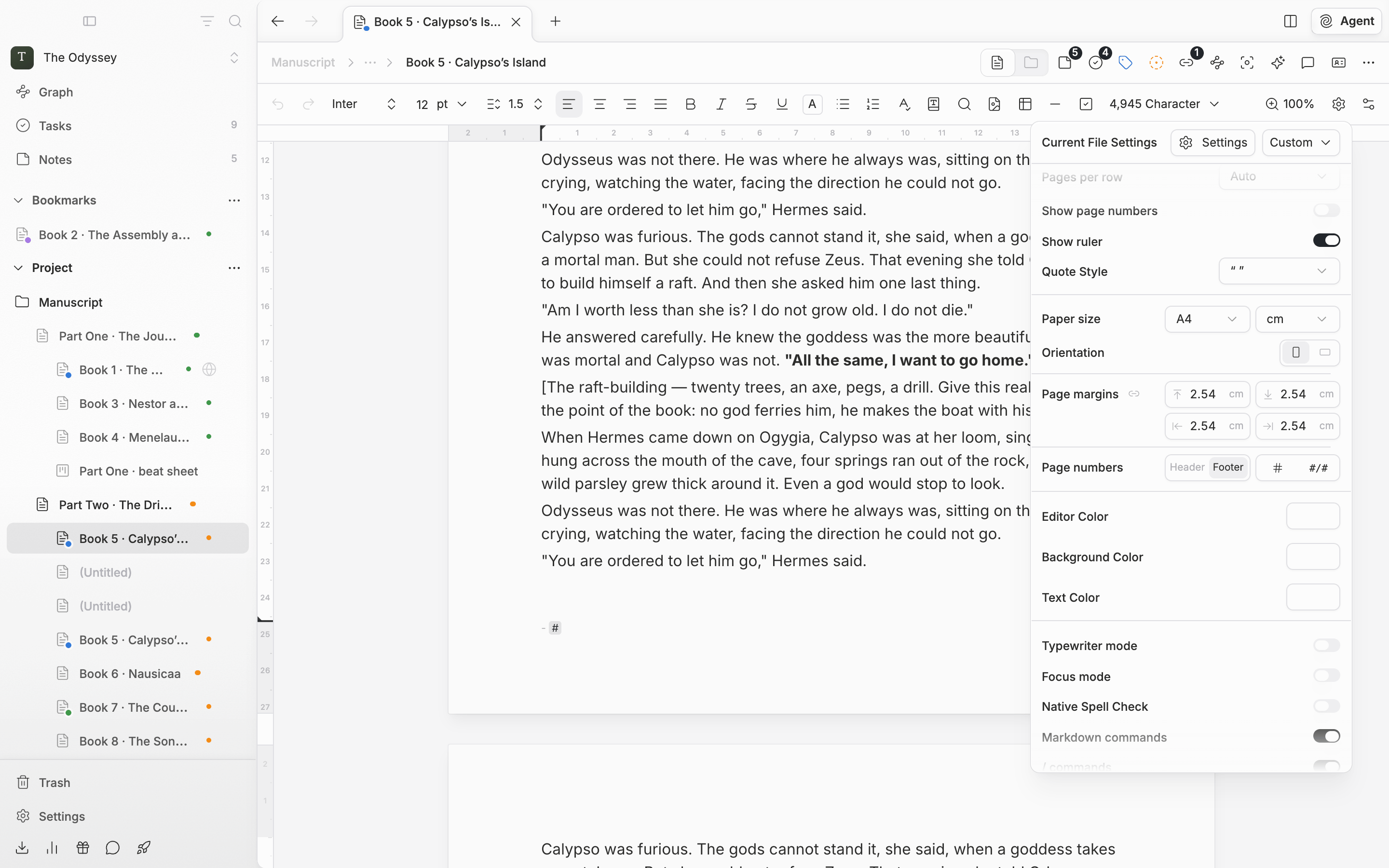 Editing the footer of the first page in page view. The footer holds “- #”, and the Current File Settings popover shows the Page numbers row with the Header/Footer switch and the # and #/# buttons.