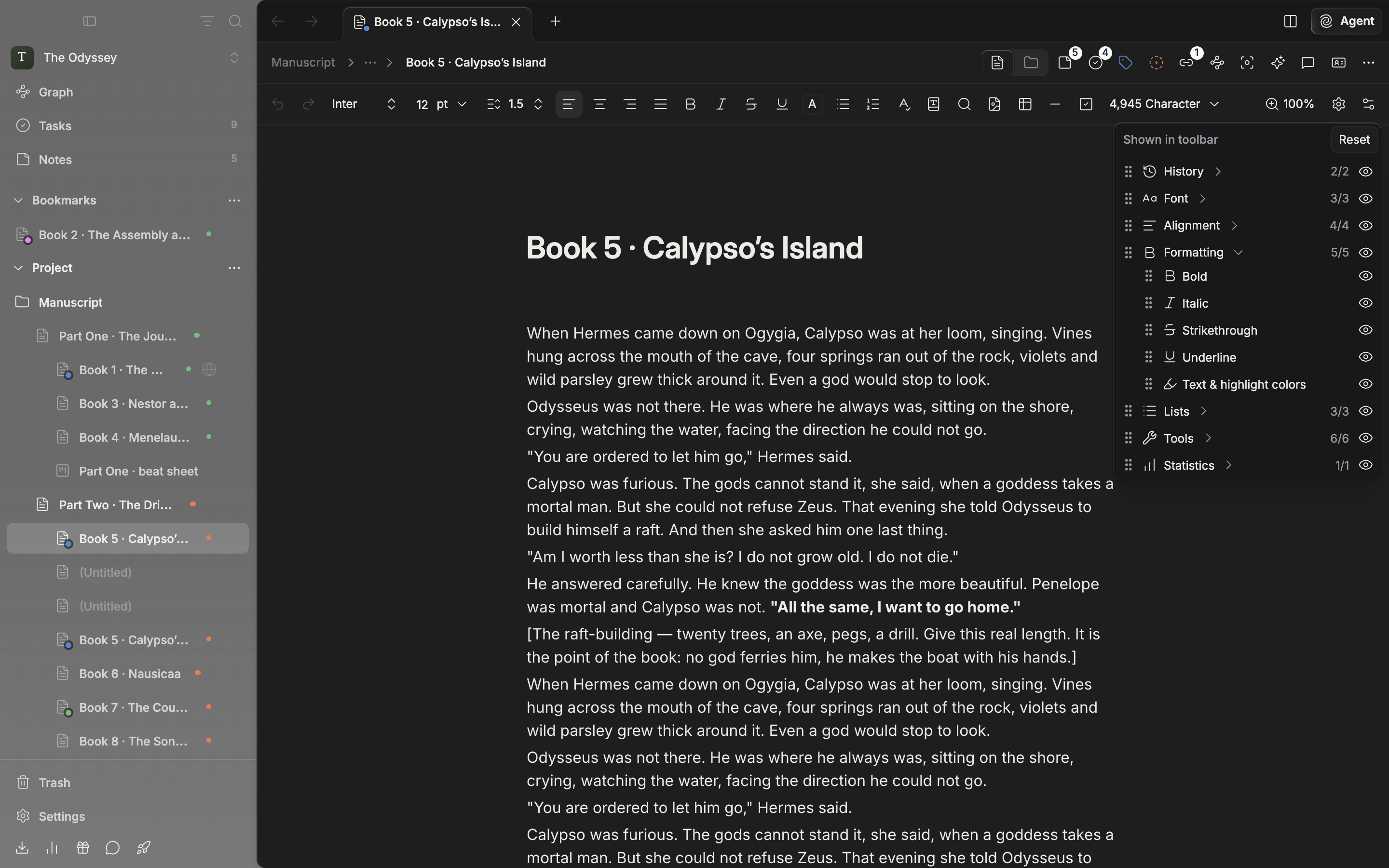 The popover opened from the slider-shaped button at the far right of the toolbar (Customize Toolbar). All seven groups are visible, one of them expanded to show the per-item eye icons, with at least one “Hidden from toolbar” section below.
