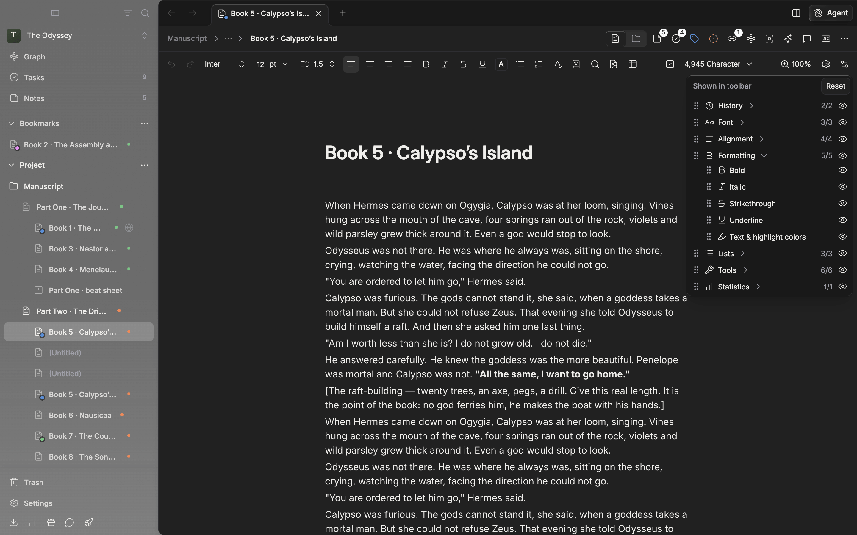 The popover opened from the slider-shaped button at the far right of the toolbar (Customize Toolbar). All seven groups are visible, one of them expanded to show the per-item eye icons, with at least one “Hidden from toolbar” section below.