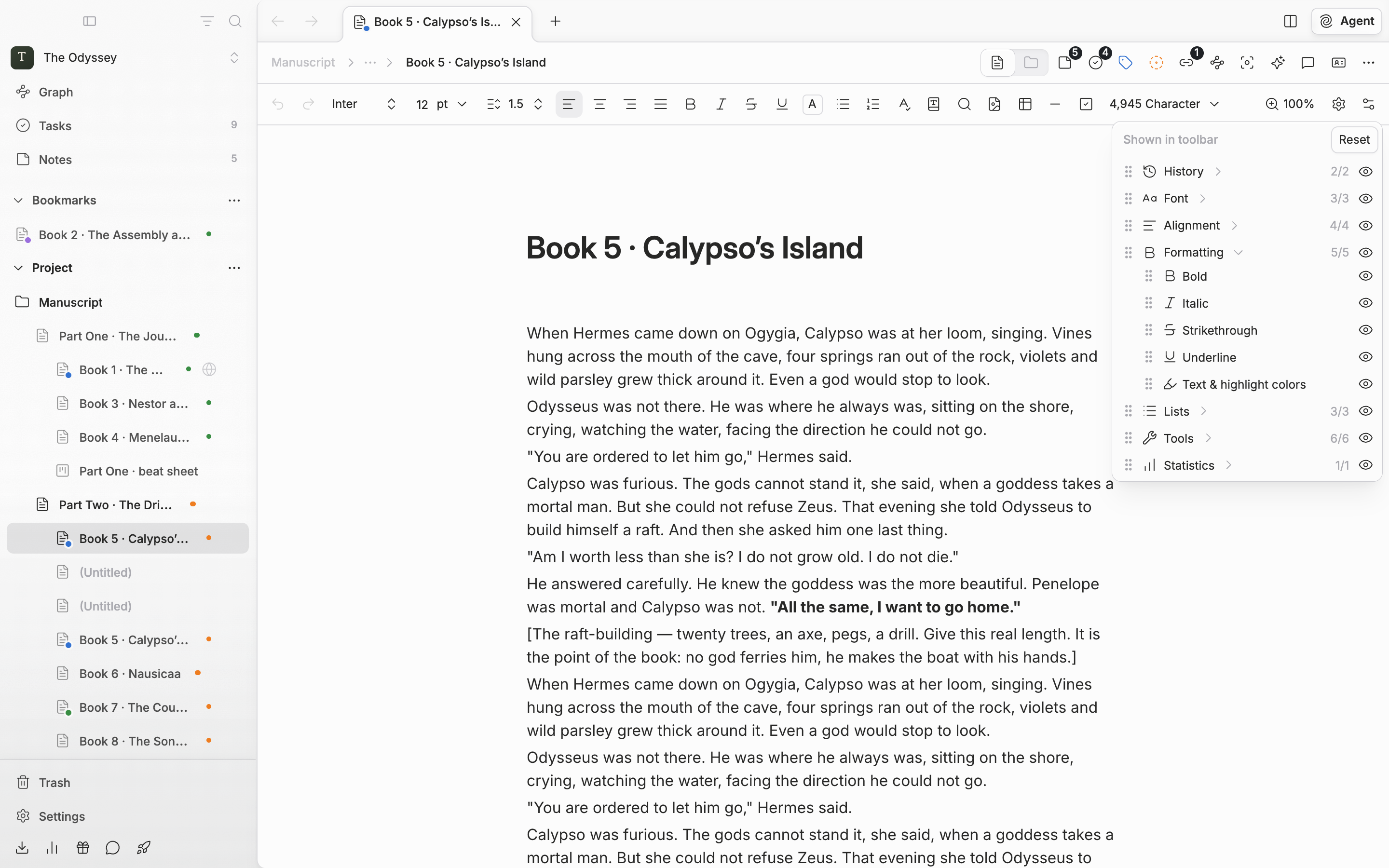 The popover opened from the slider-shaped button at the far right of the toolbar (Customize Toolbar). All seven groups are visible, one of them expanded to show the per-item eye icons, with at least one “Hidden from toolbar” section below.